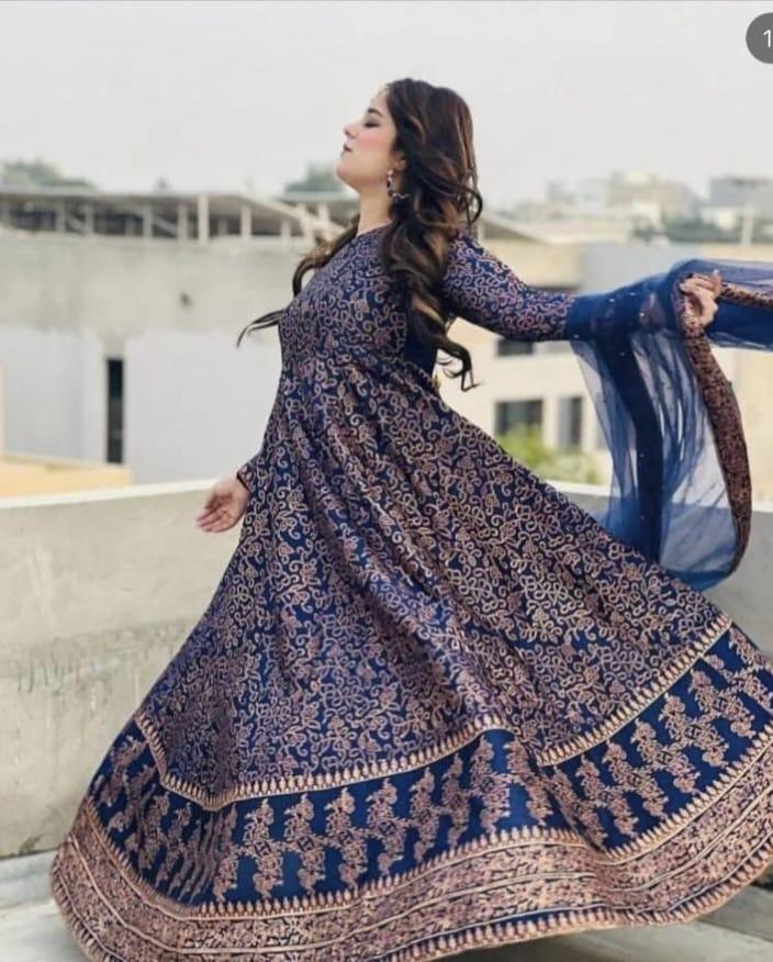 Royal Blue Katan Silk 3-Piece Embroidered Maxi Set