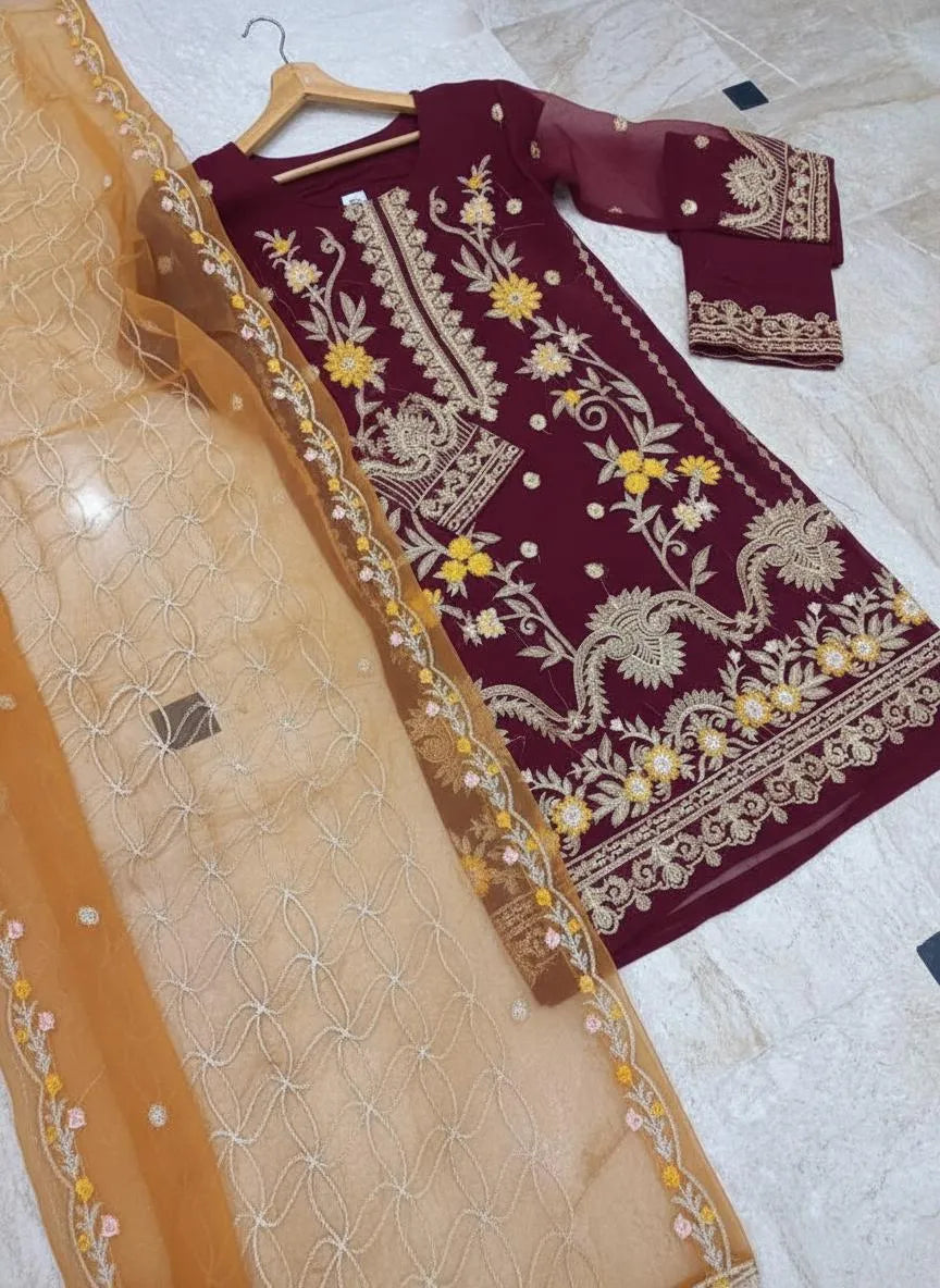 Premium Organza Embroidered 3-Piece Suit | Festive Luxury Collection