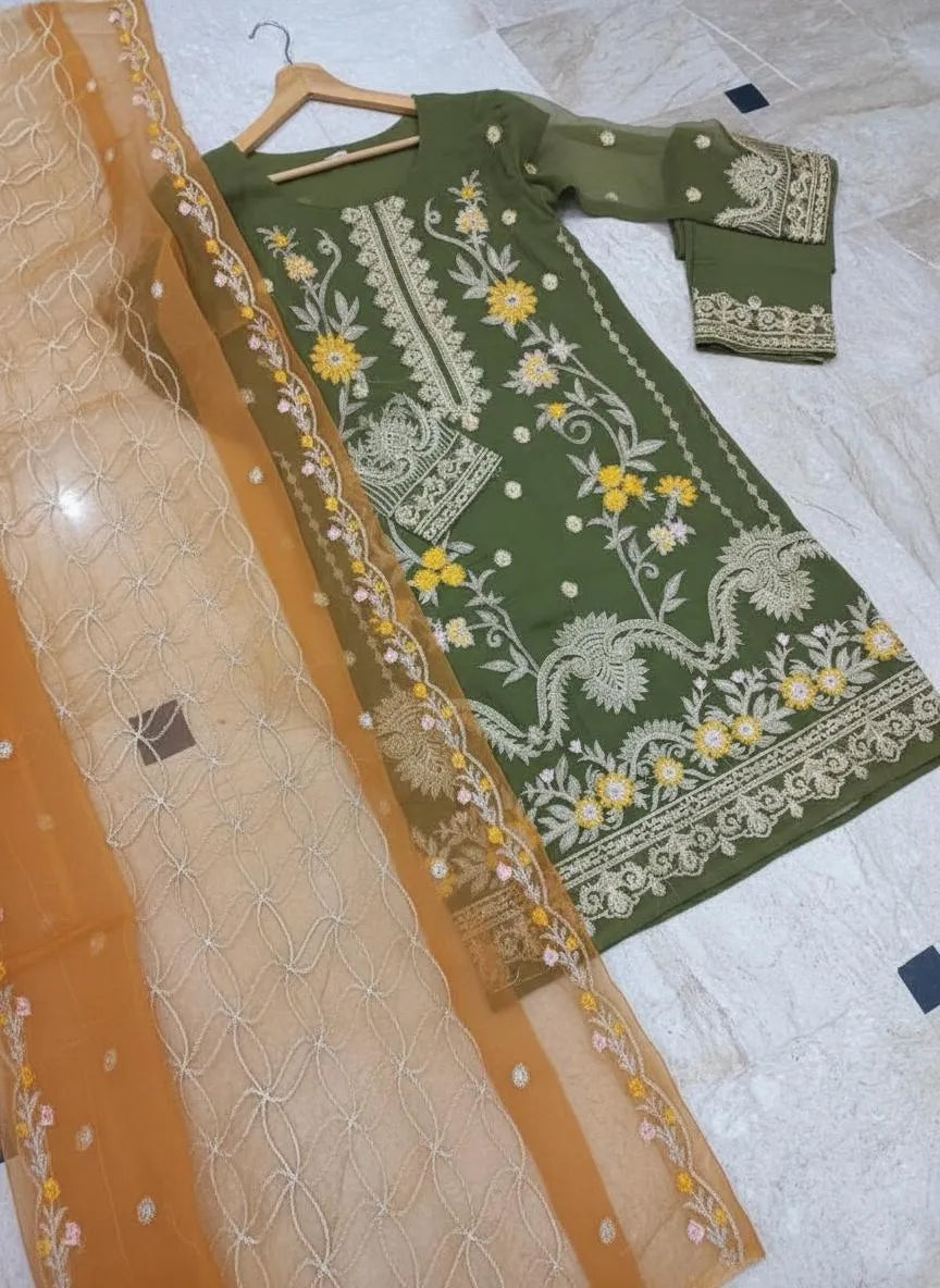 Premium Organza Embroidered 3-Piece Suit | Festive Luxury Collection