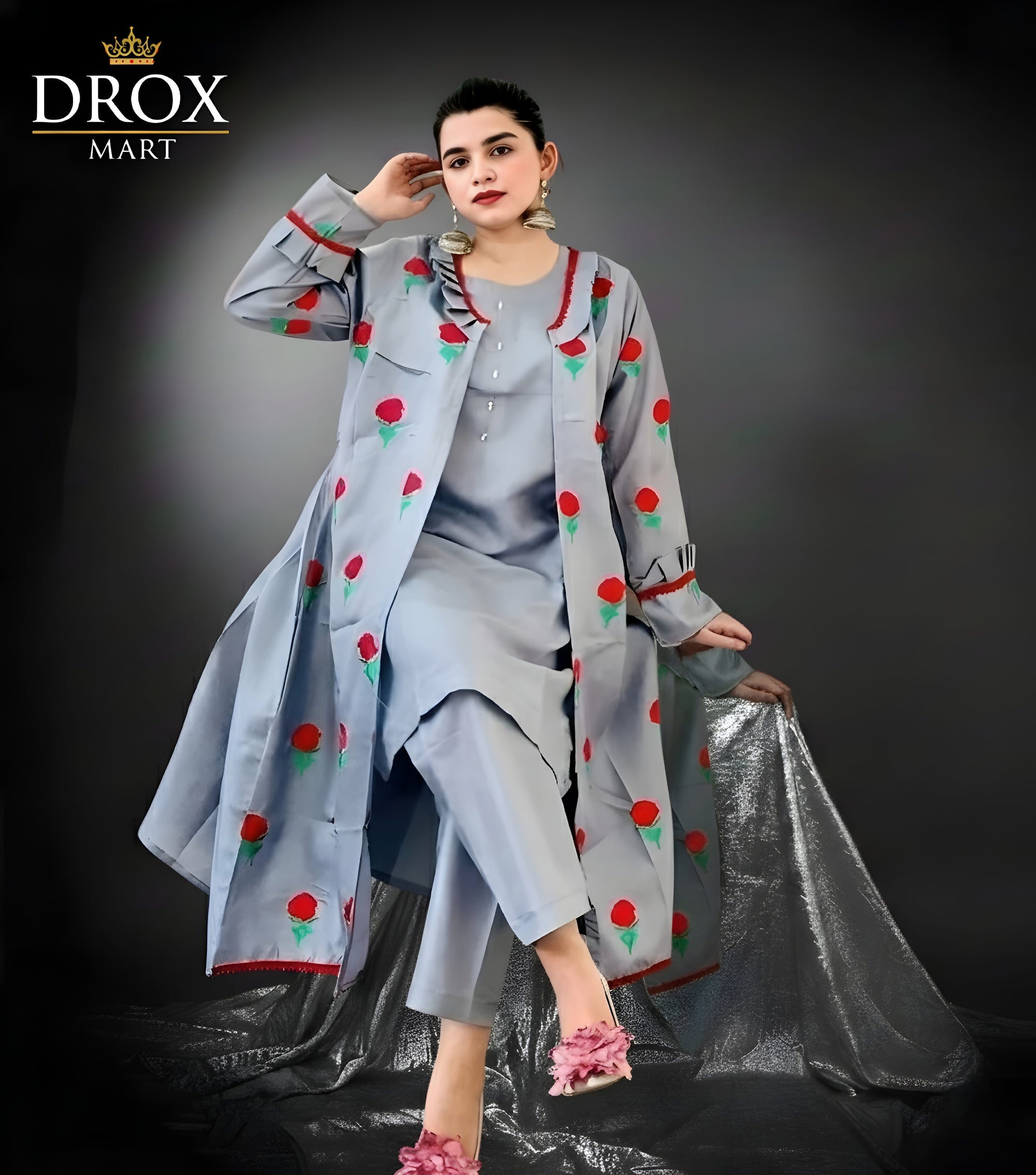 Royal Elegance 3-Piece Katan Silk Embroidered Gown Set