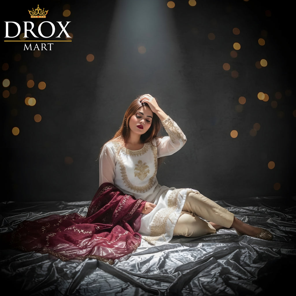 Premium Organza Sheesha Work & Embroidered 3-Piece Suit | Festive Luxury Wear