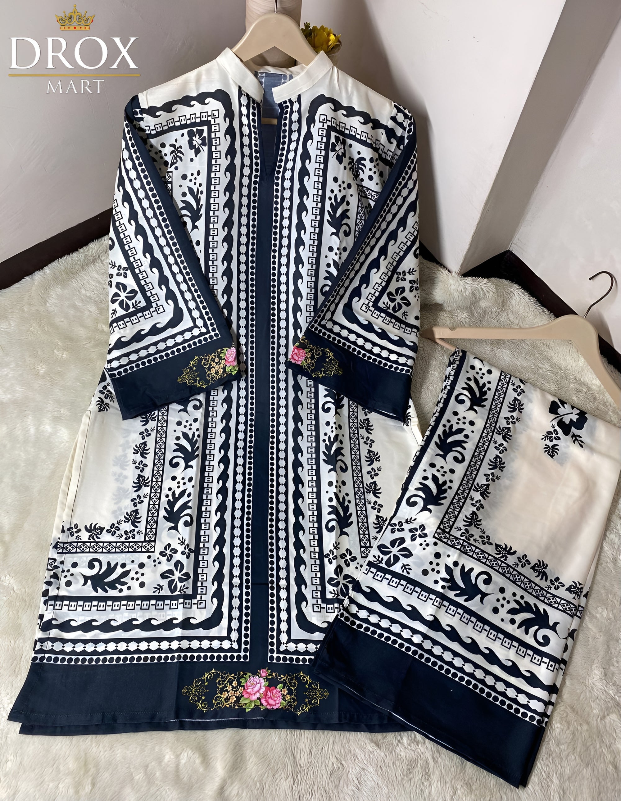 Swiss Lawn Printed 2-Piece Women’s Suit – Black Stitched Set