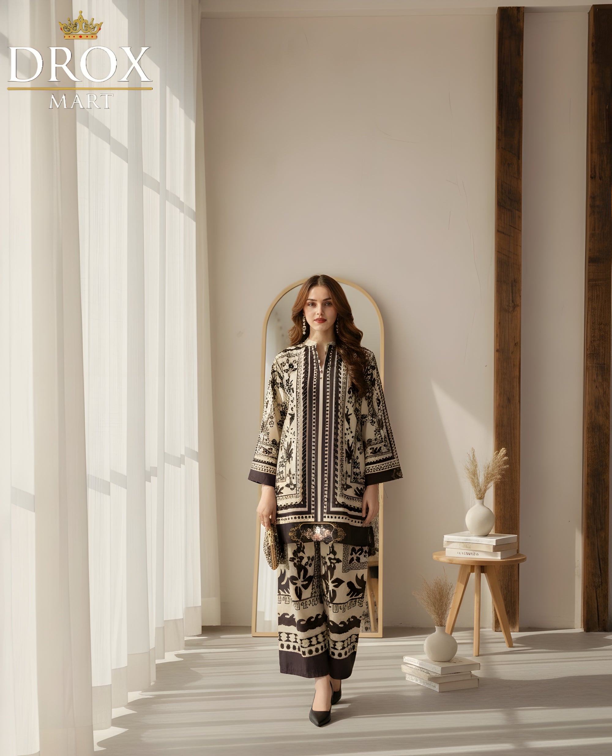 Swiss Lawn Printed 2-Piece Women’s Suit – Black Stitched Set