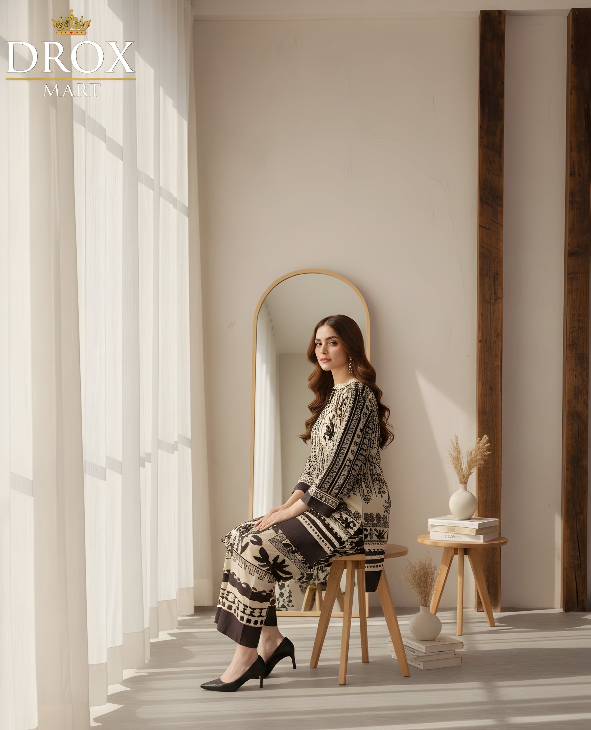 Swiss Lawn Printed 2-Piece Women’s Suit – Black Stitched Set