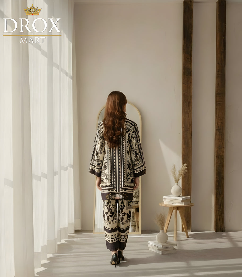 Swiss Lawn Printed 2-Piece Women’s Suit – Black Stitched Set