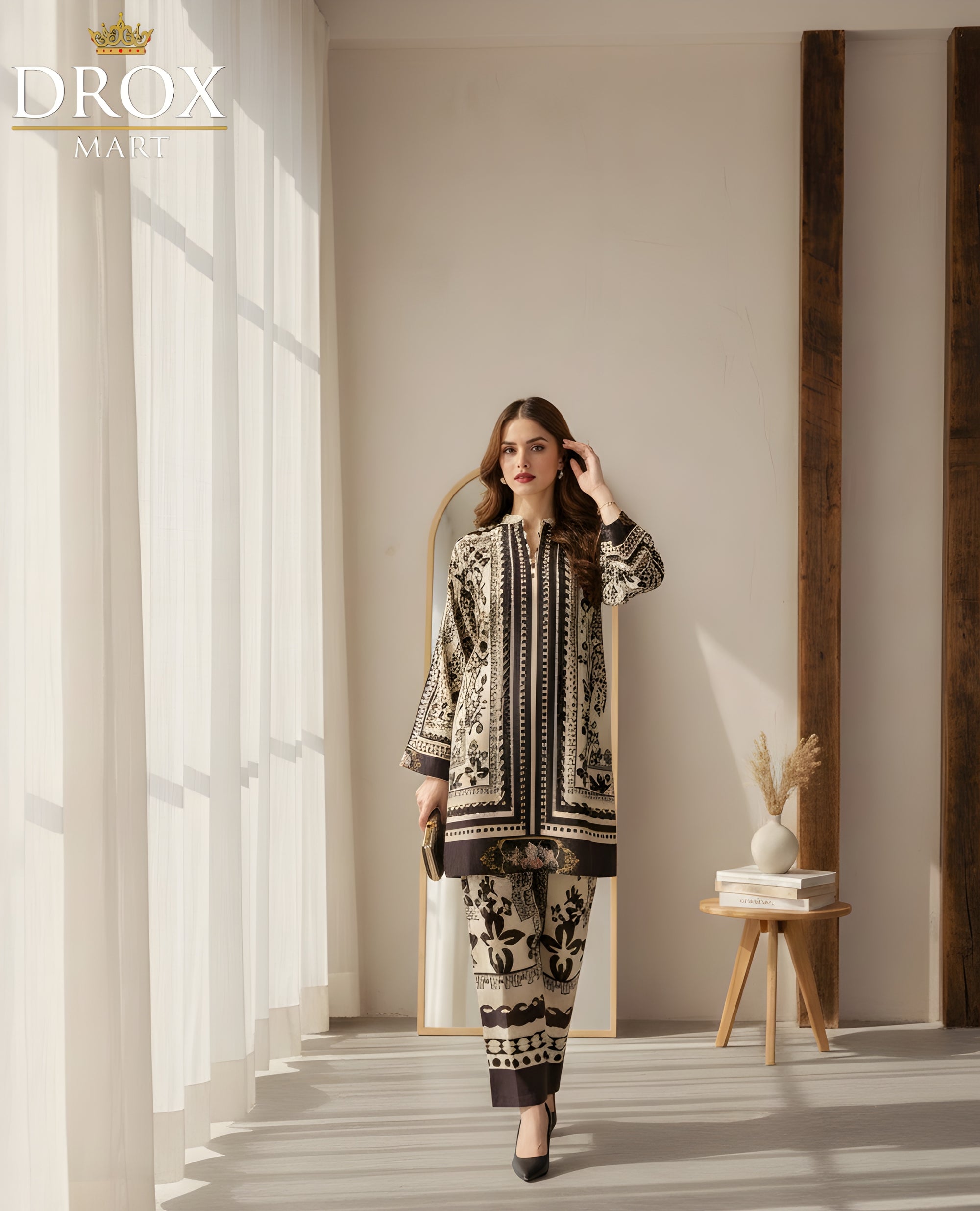 Swiss Lawn Printed 2-Piece Women’s Suit – Black Stitched Set