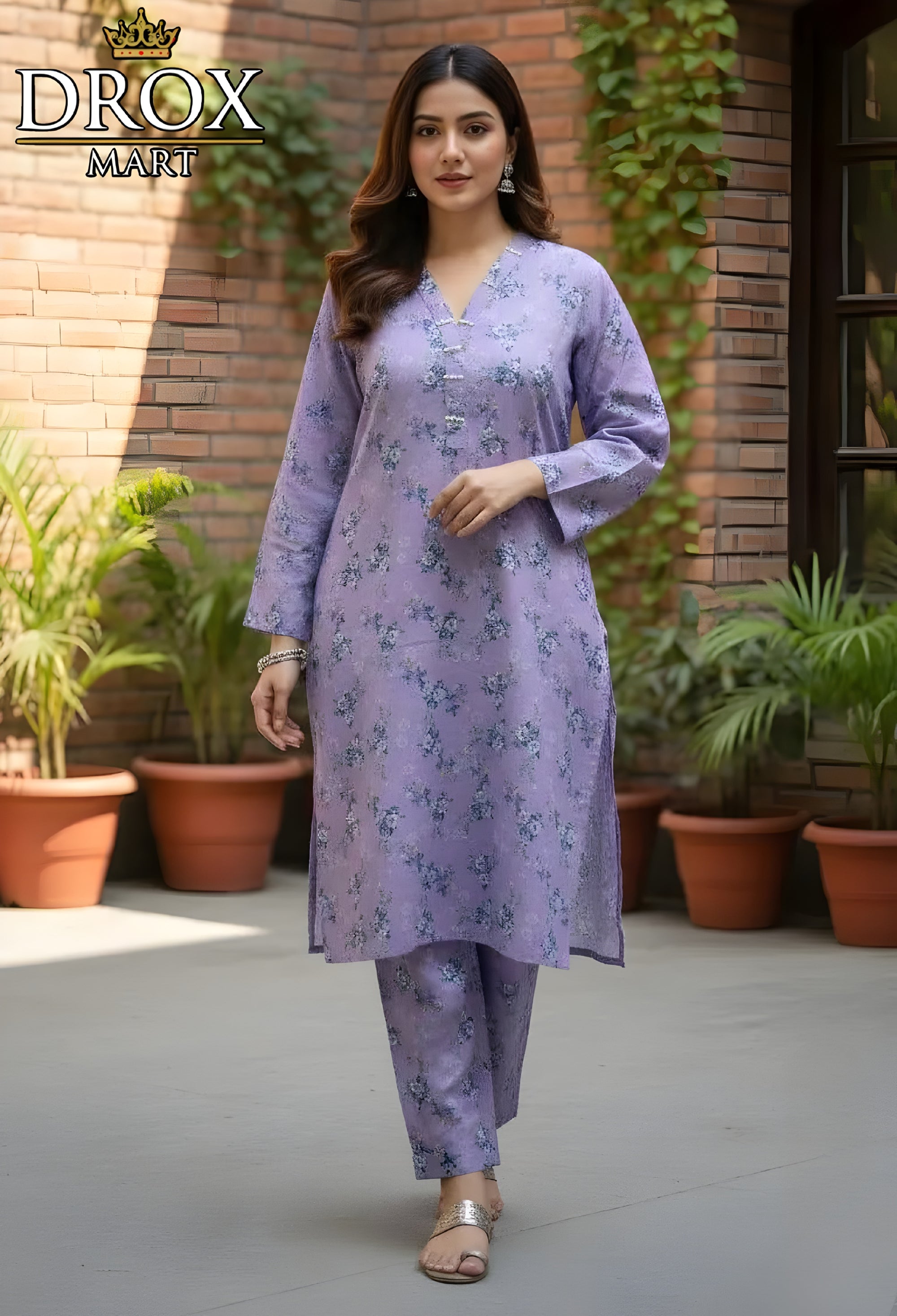Purple Printed Khaddar 3-Piece Suit with Chiffon Dupatta