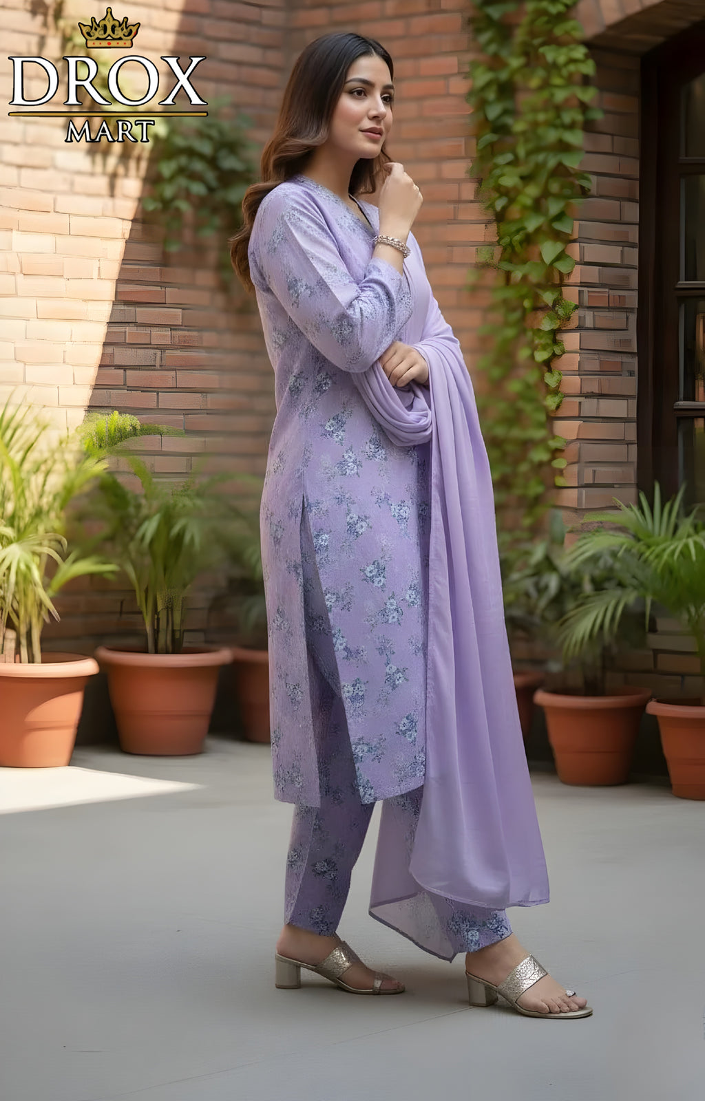 Purple Printed Khaddar 3-Piece Suit with Chiffon Dupatta