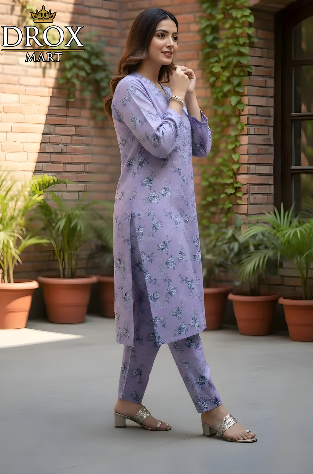 Purple Printed Khaddar 3-Piece Suit with Chiffon Dupatta