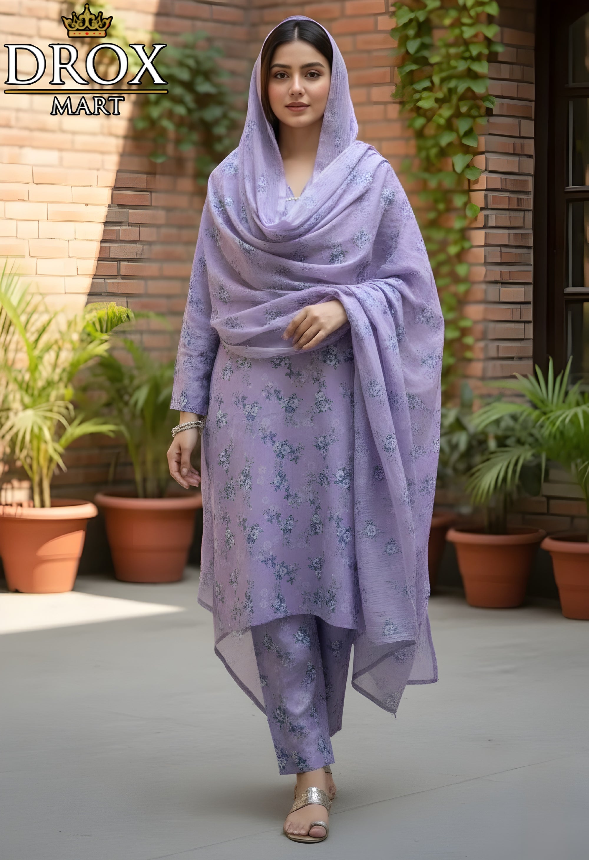 Purple Printed Khaddar 3-Piece Suit with Chiffon Dupatta