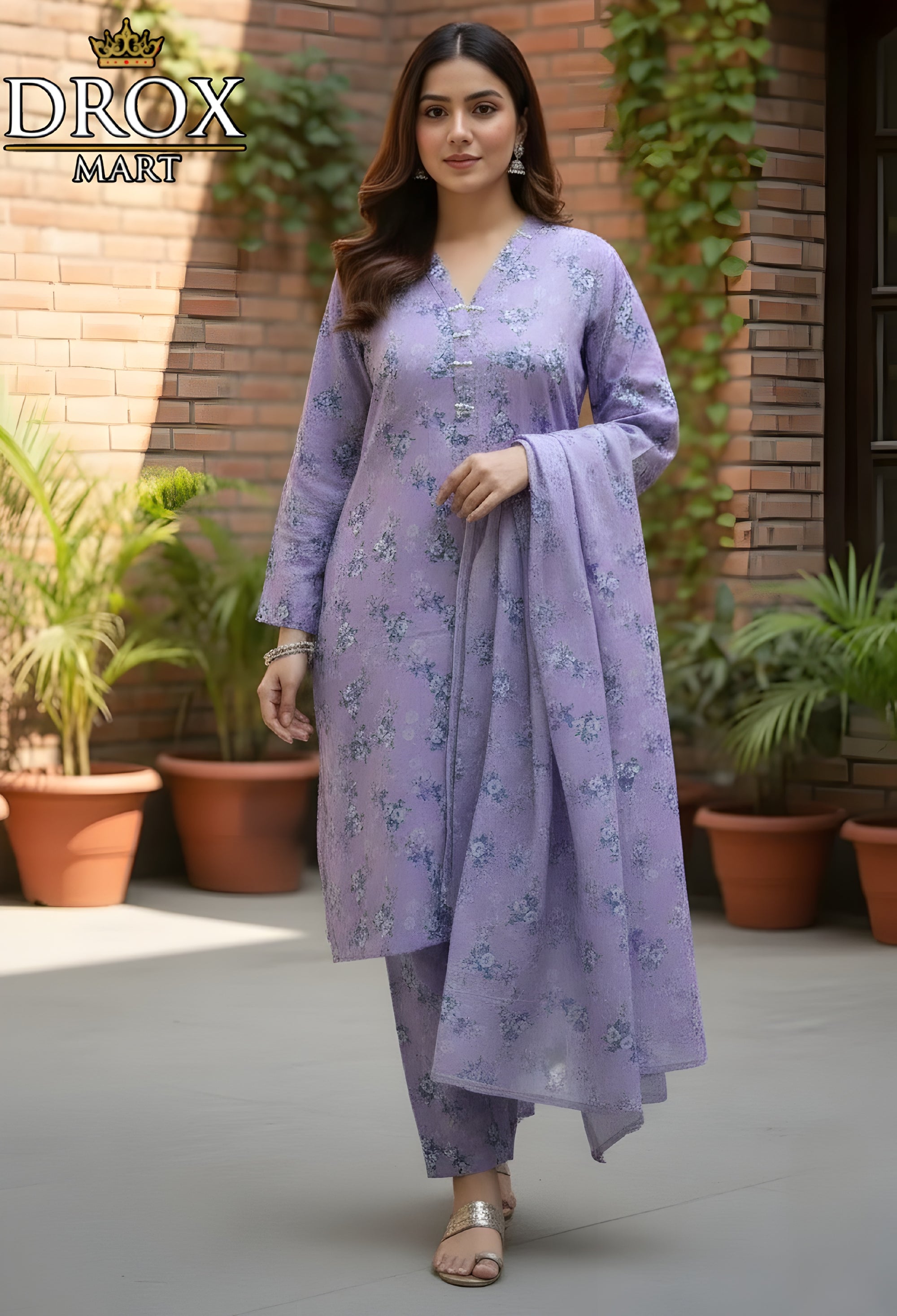Purple Printed Khaddar 3-Piece Suit with Chiffon Dupatta