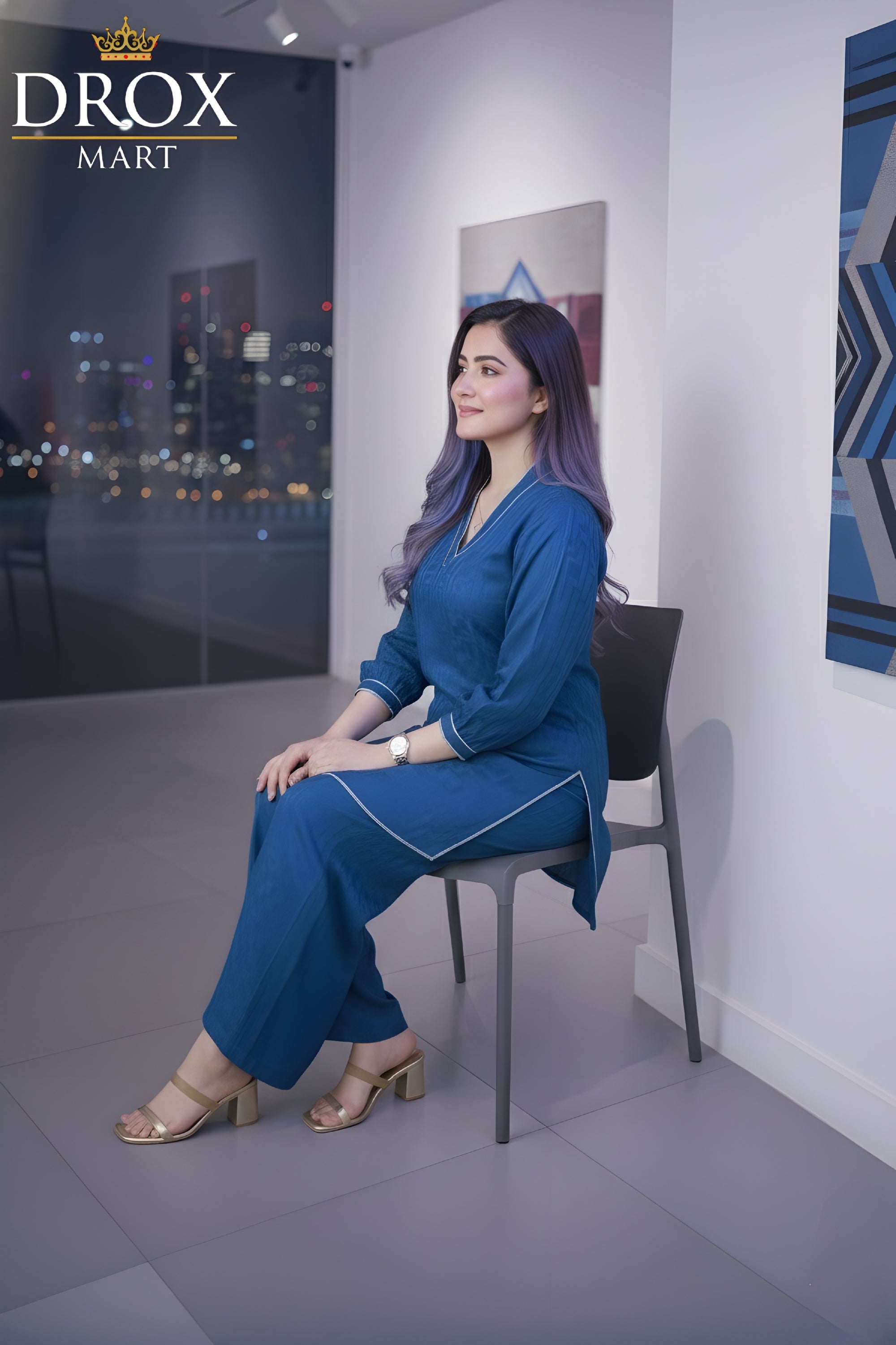 Blue Cotton Plain Co-Ord Set for Women – 2 Pcs