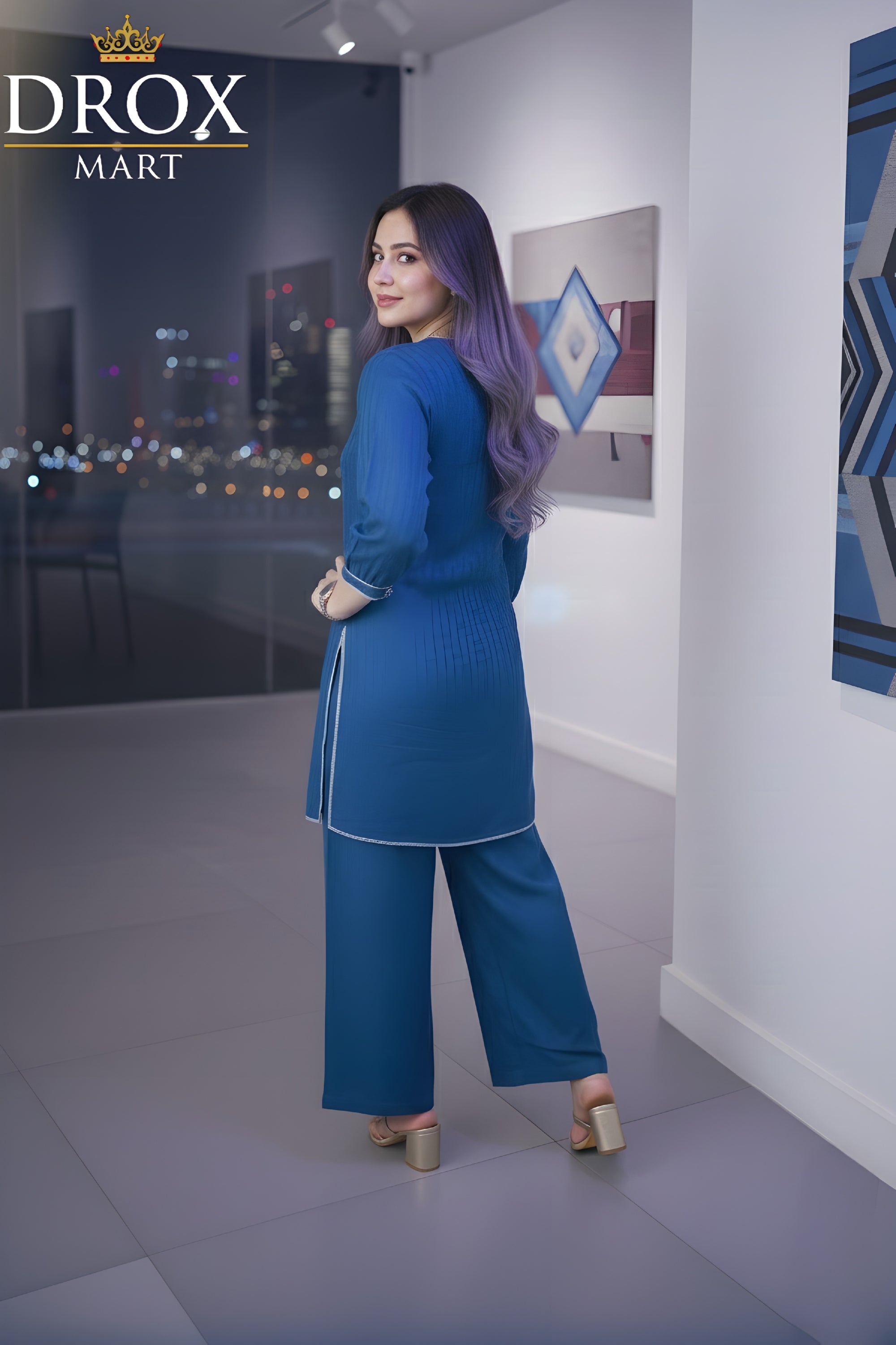 Blue Cotton Plain Co-Ord Set for Women – 2 Pcs