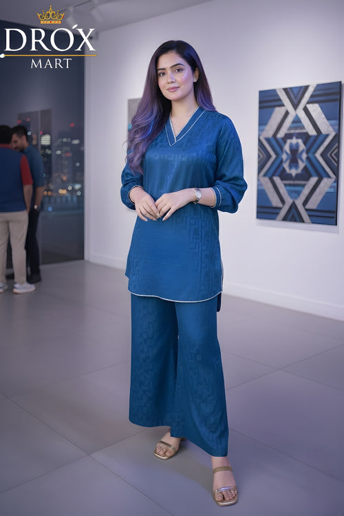 Blue Cotton Plain Co-Ord Set for Women – 2 Pcs