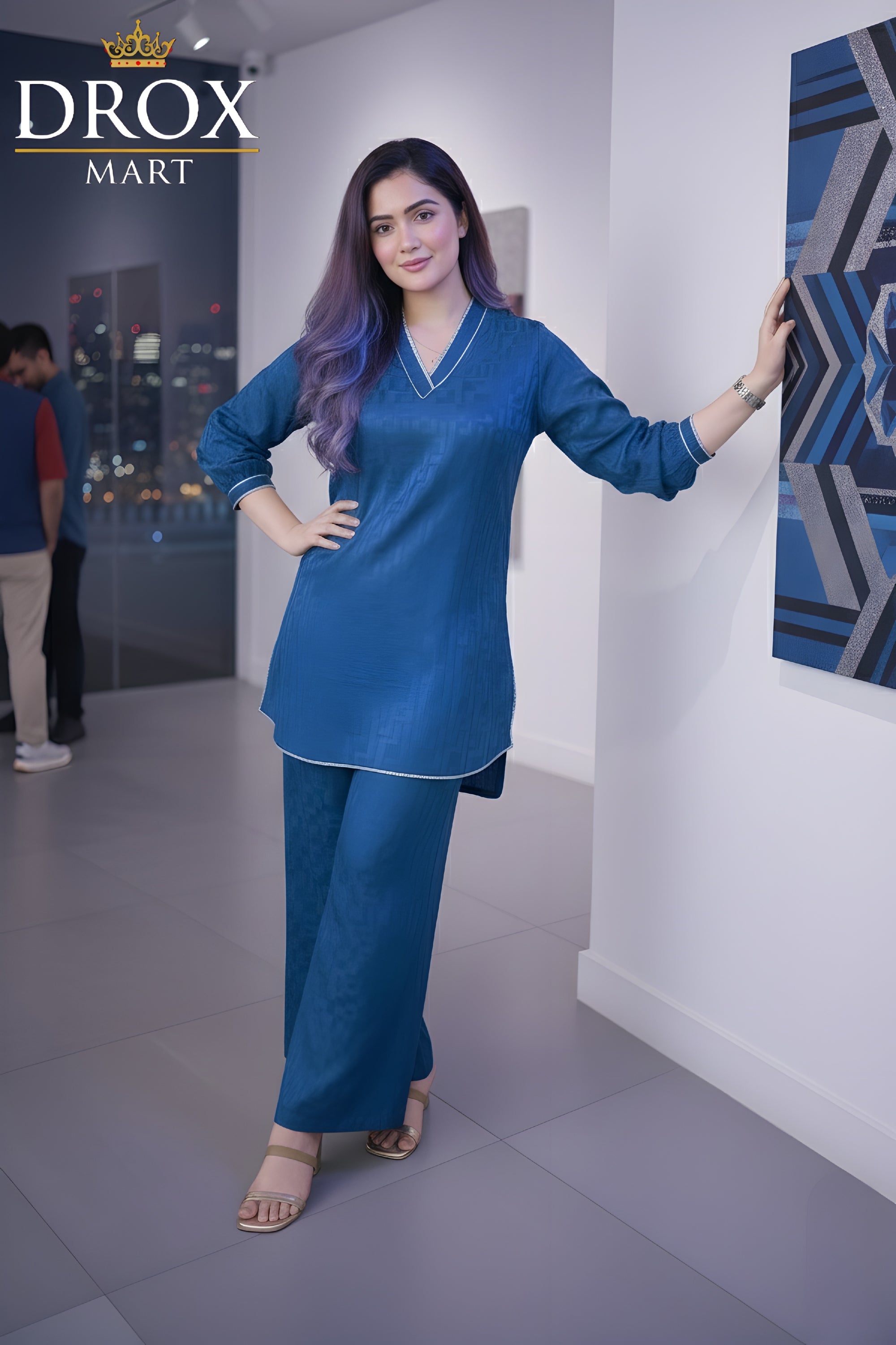 Blue Cotton Plain Co-Ord Set for Women – 2 Pcs