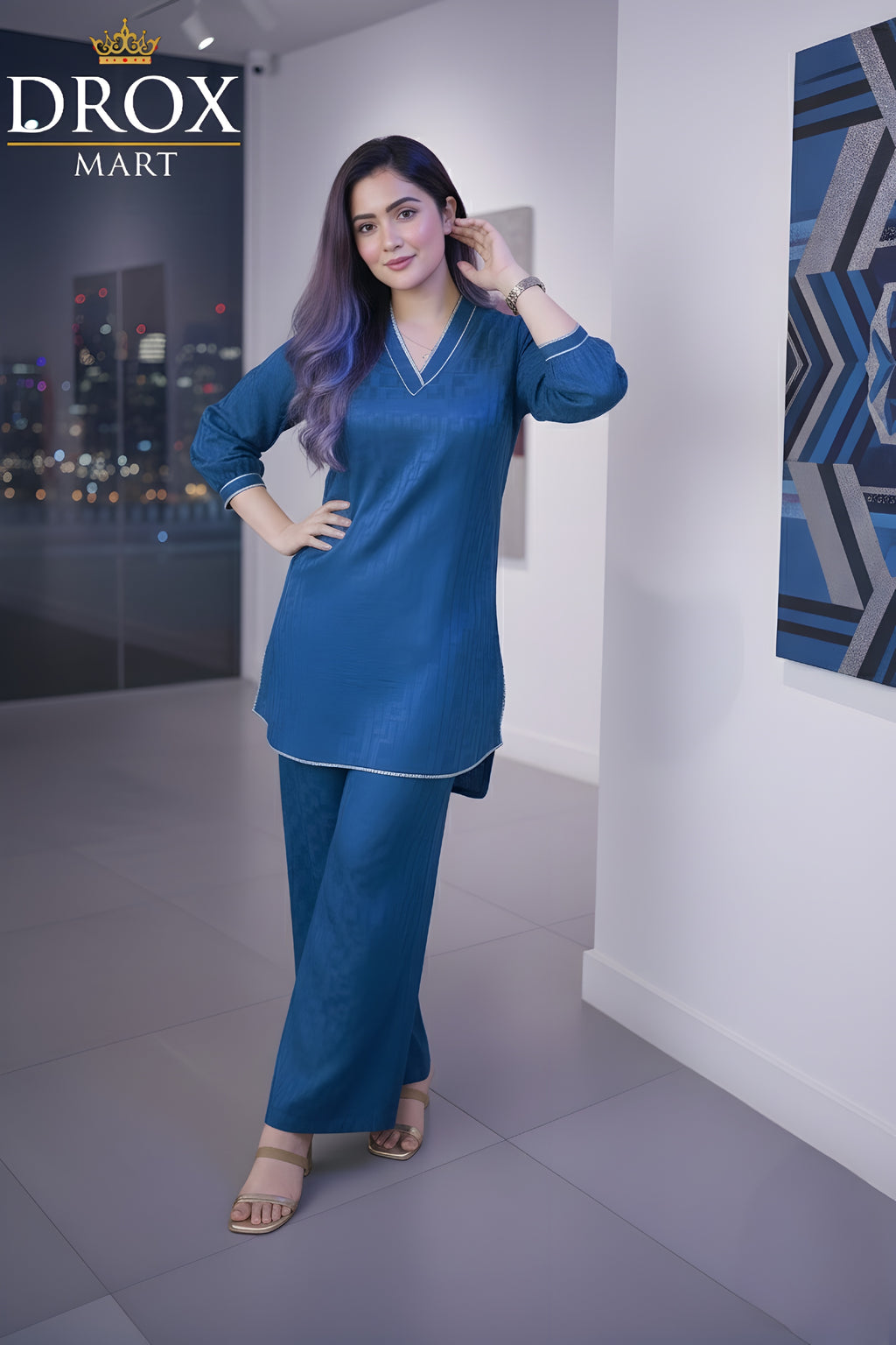 Blue Cotton Plain Co-Ord Set for Women – 2 Pcs