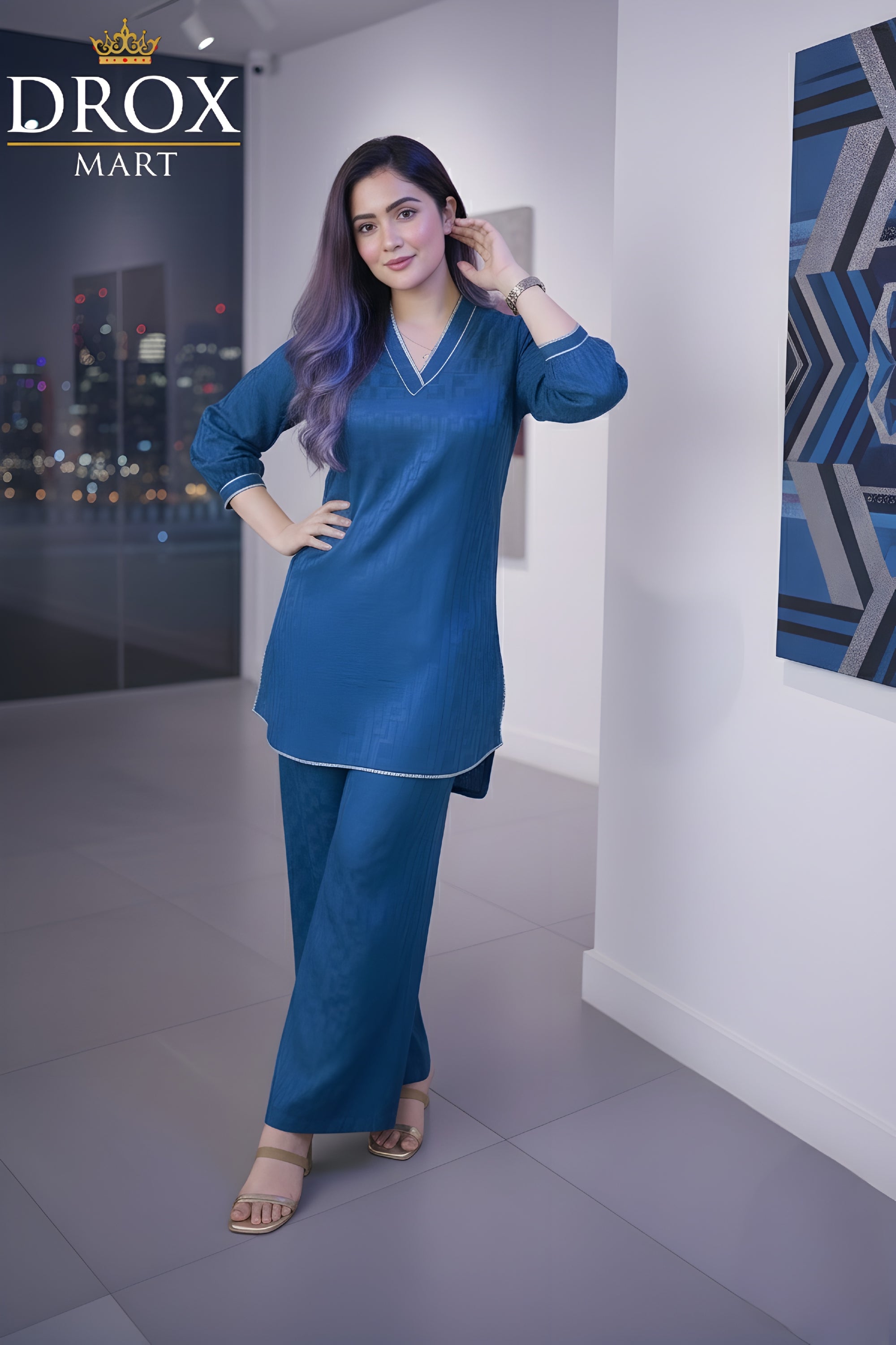Blue Cotton Plain Co-Ord Set for Women – 2 Pcs