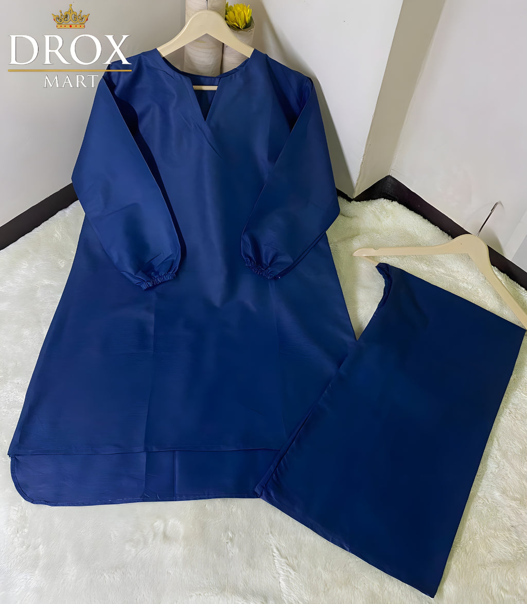 Blue Cotton Plain Co-Ord Set for Women – 2 Pcs