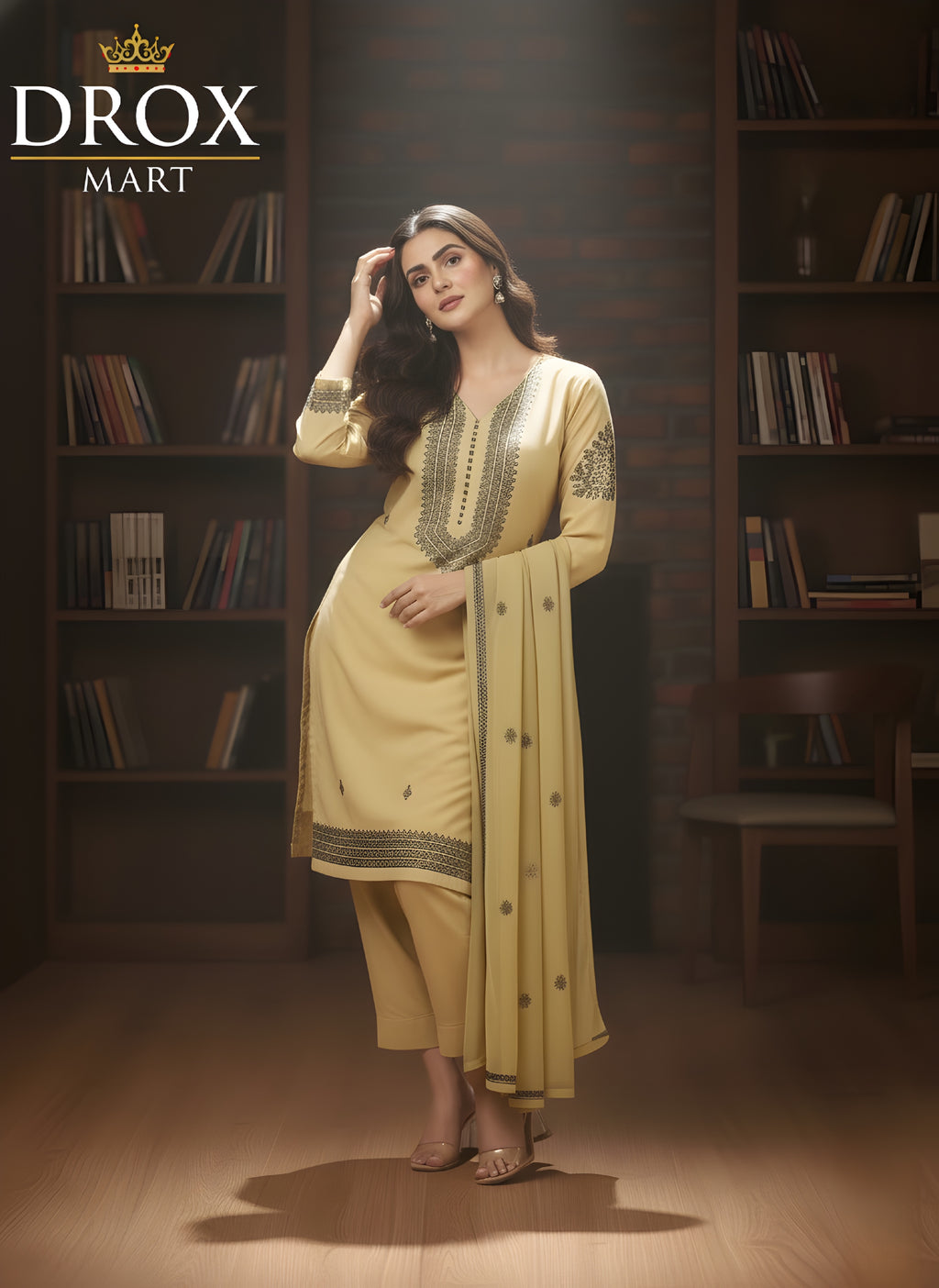 Yellow Embroidered Linen Stylish 3-Piece Outfit for Women