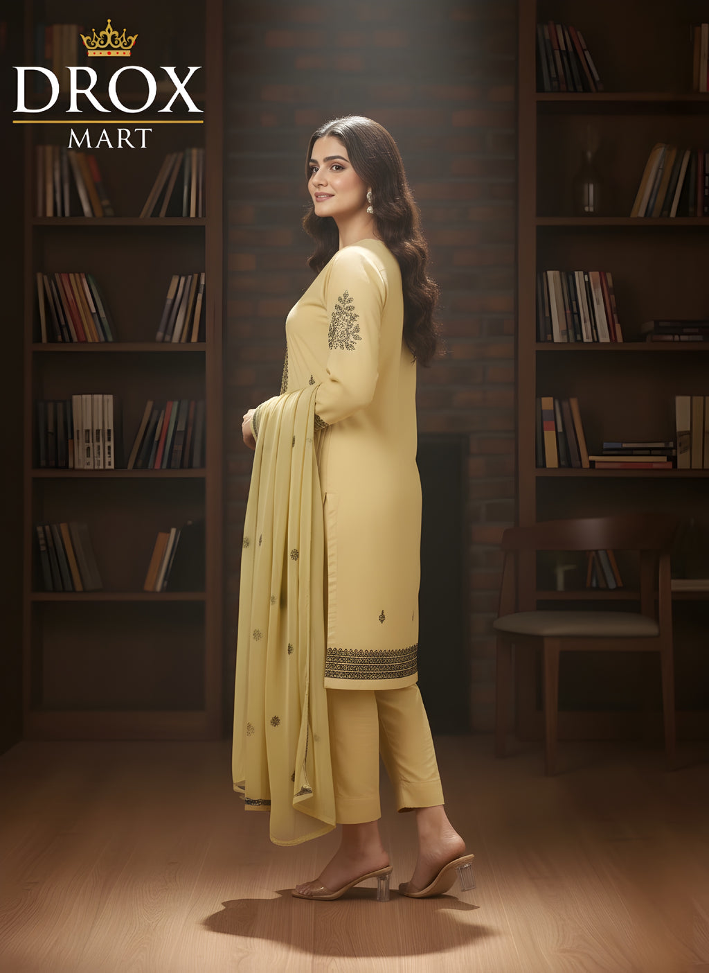 Yellow Embroidered Linen Stylish 3-Piece Outfit for Women