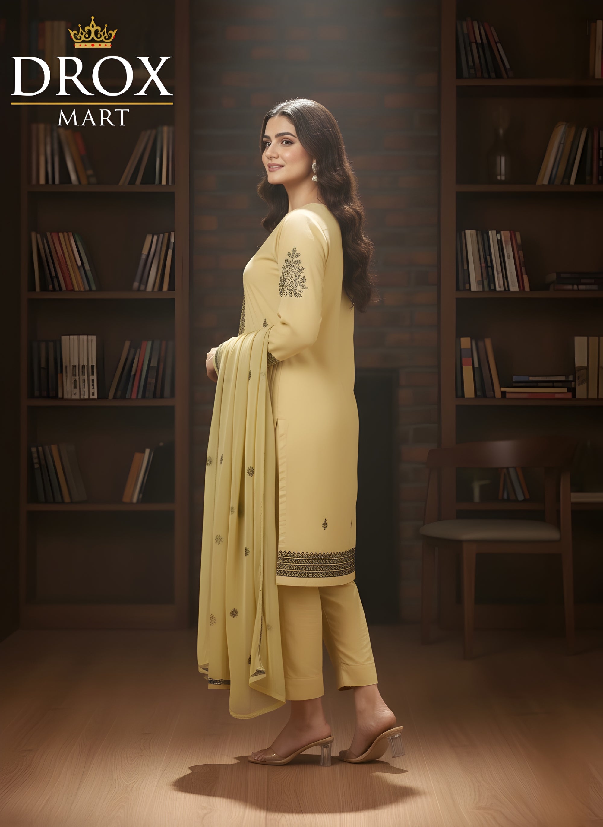 Yellow Embroidered Linen Stylish 3-Piece Outfit for Women