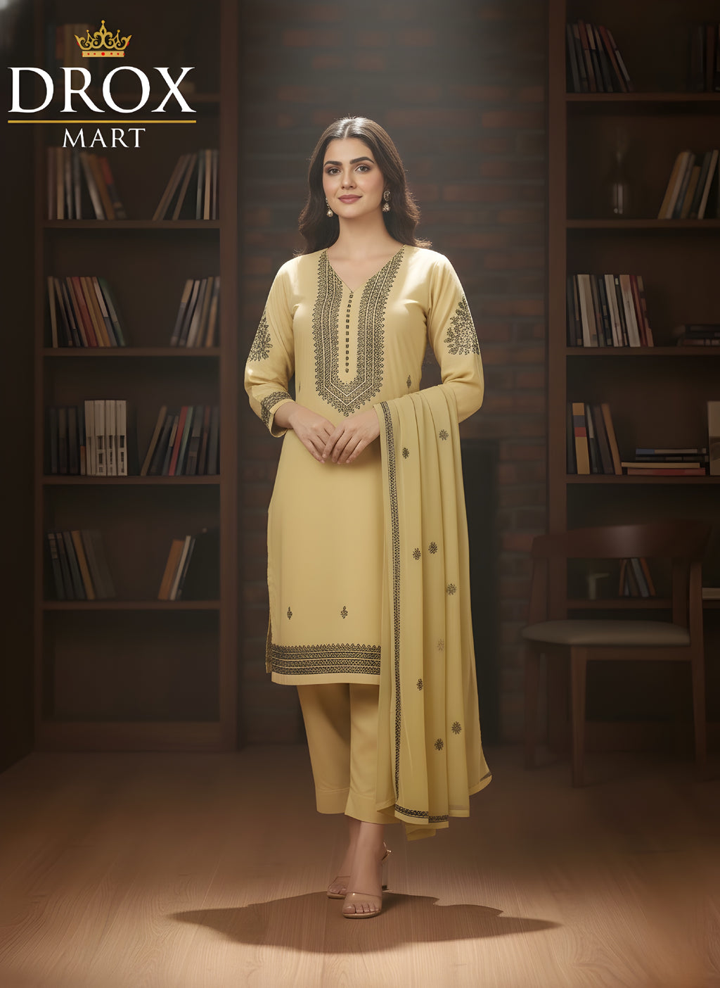 Yellow Embroidered Linen Stylish 3-Piece Outfit for Women