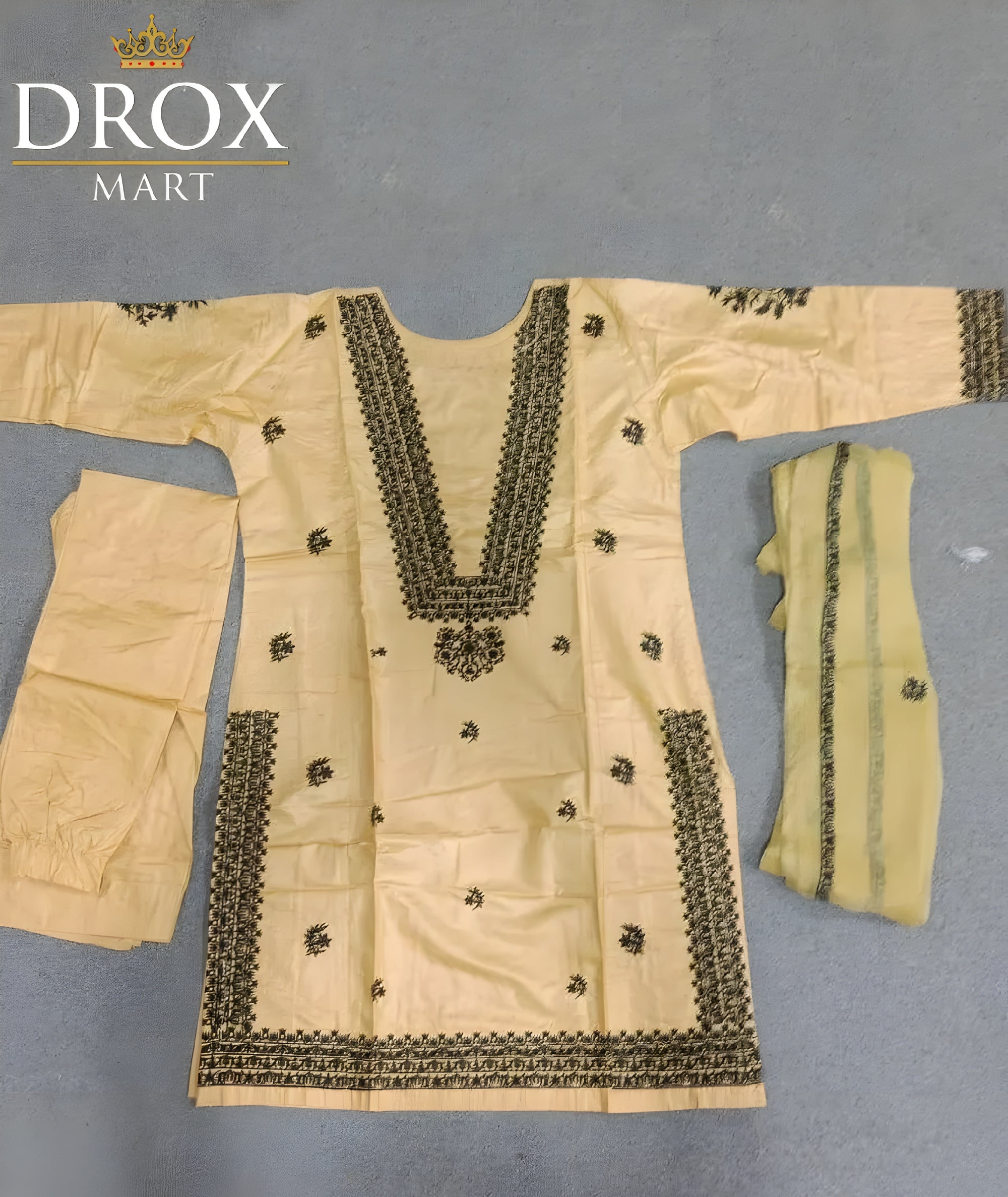 Yellow Embroidered Linen Stylish 3-Piece Outfit for Women