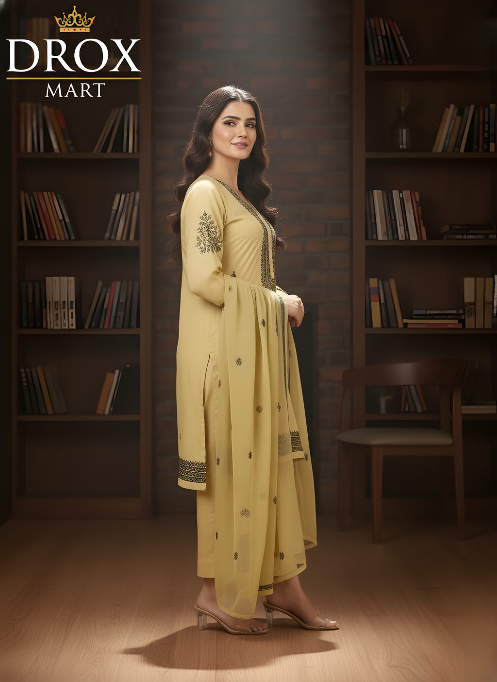 Yellow Embroidered Linen Stylish 3-Piece Outfit for Women