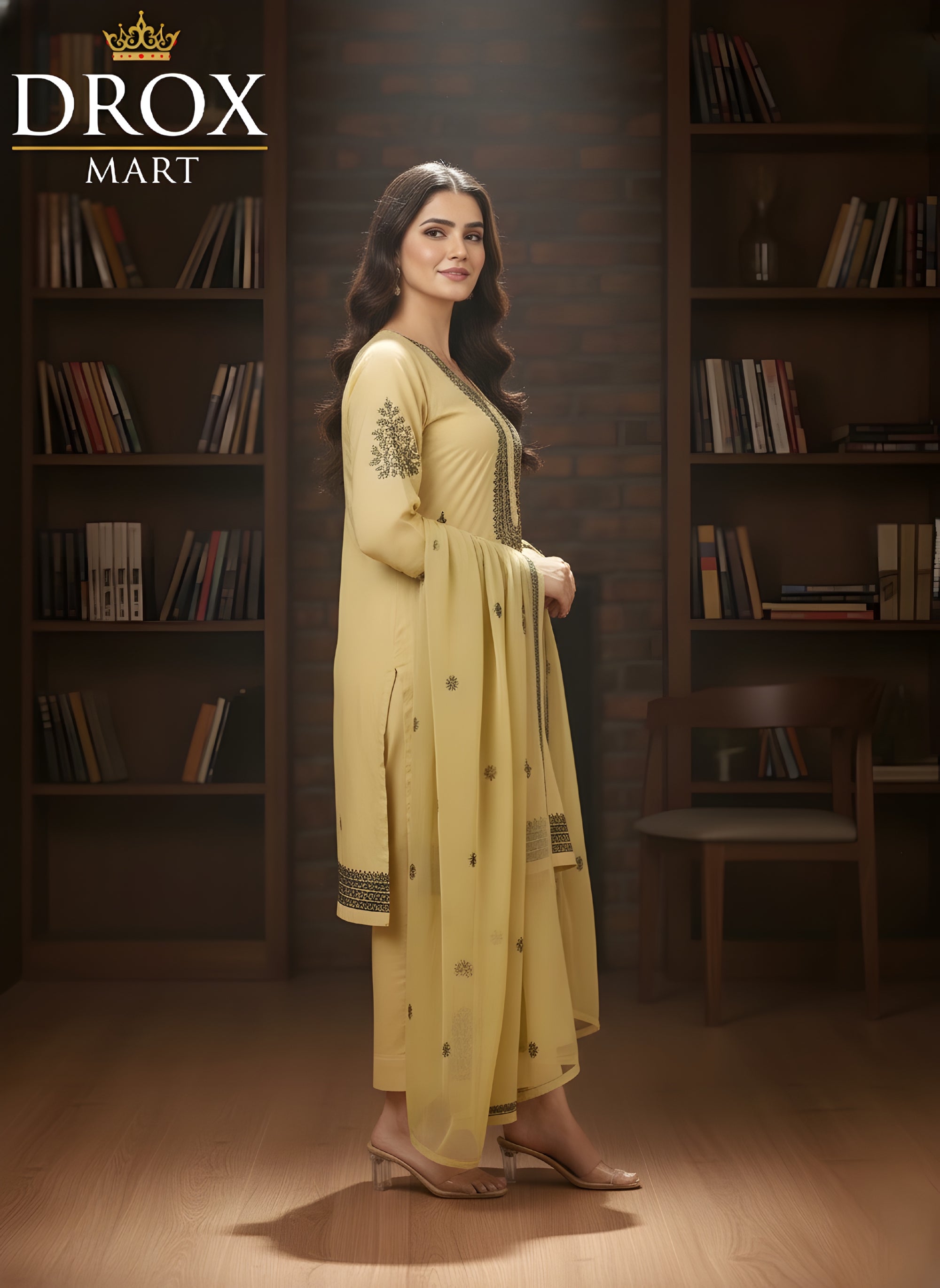 Yellow Embroidered Linen Stylish 3-Piece Outfit for Women