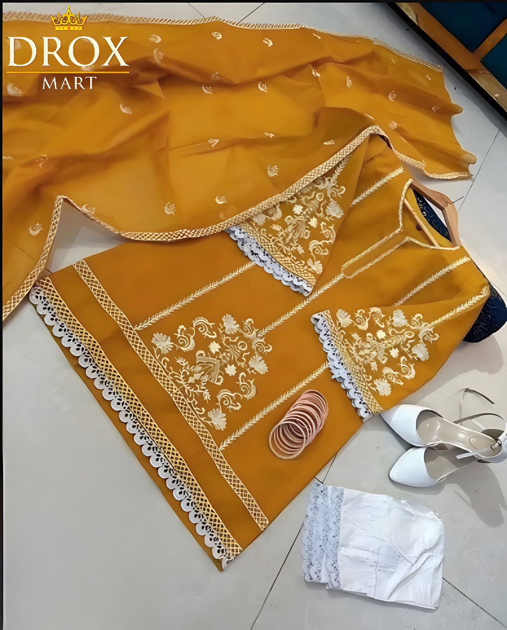 Women’s Mustard Organza Embroidered 3-Piece Suit with Lace Work