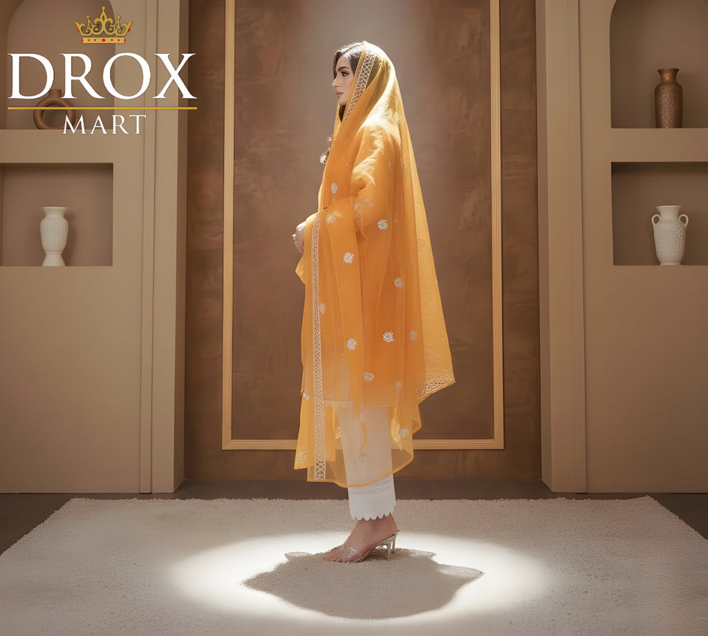 Women’s Mustard Organza Embroidered 3-Piece Suit with Lace Work