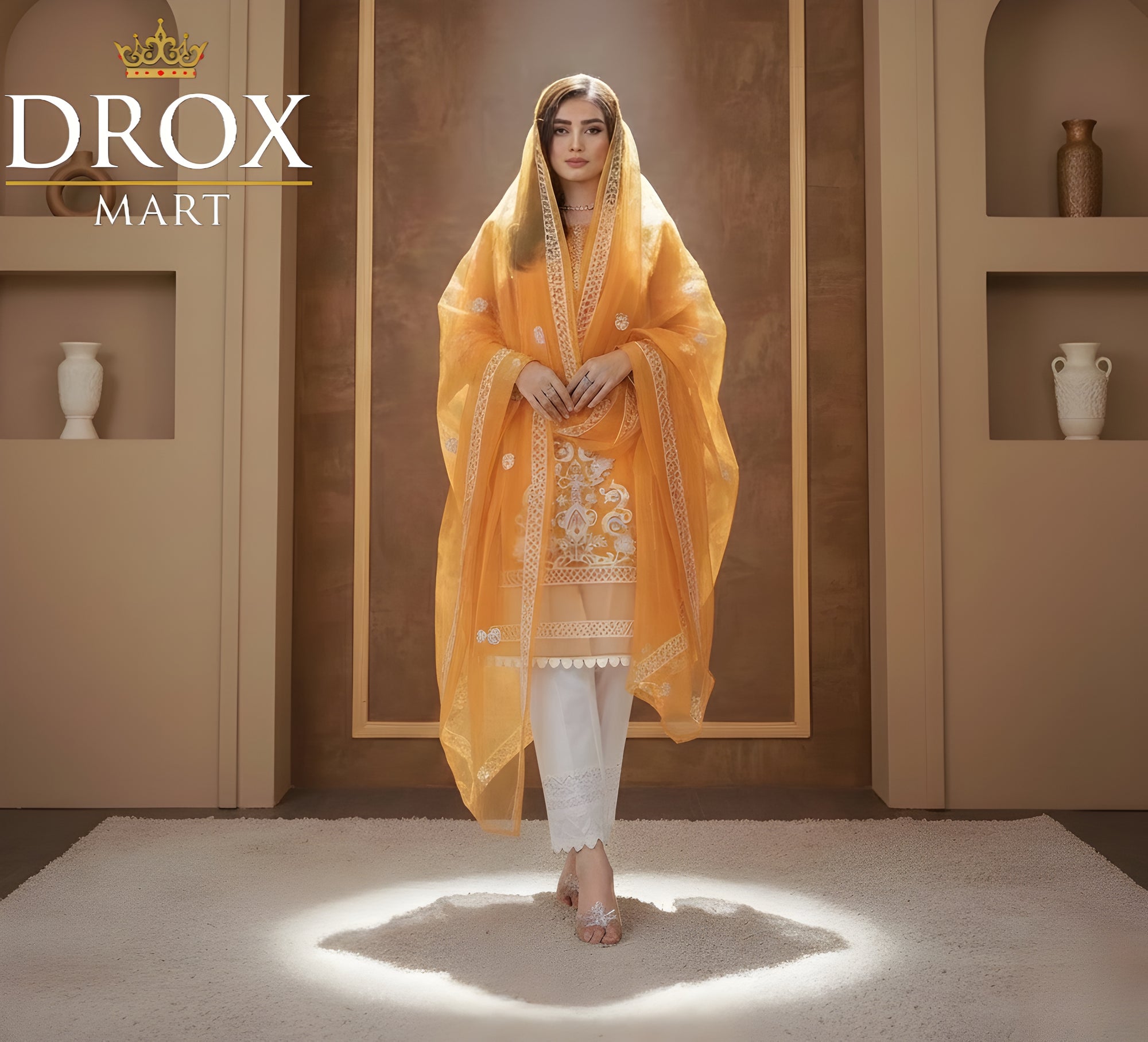 Women’s Mustard Organza Embroidered 3-Piece Suit with Lace Work