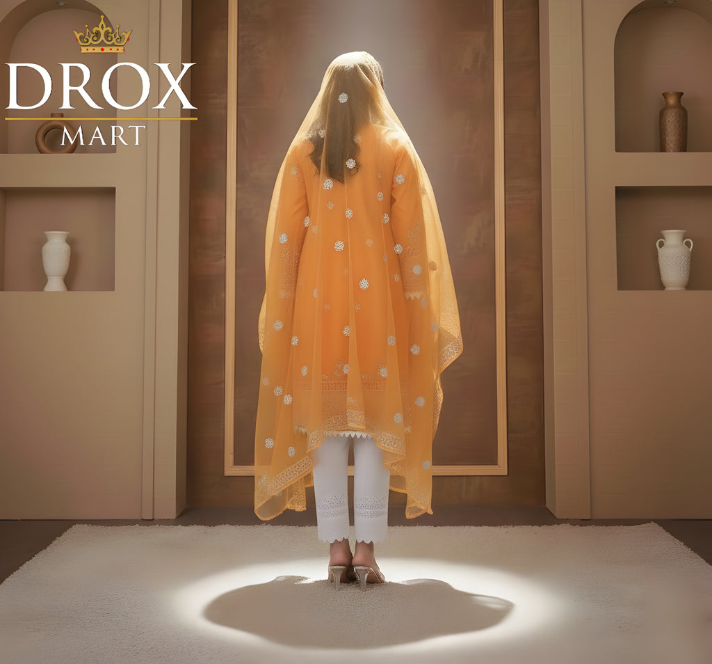 Women’s Mustard Organza Embroidered 3-Piece Suit with Lace Work