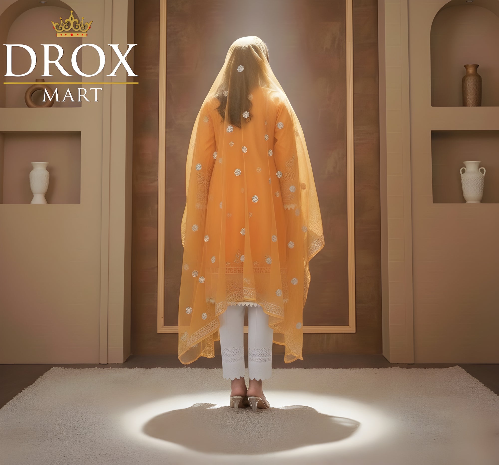 Women’s Mustard Organza Embroidered 3-Piece Suit with Lace Work