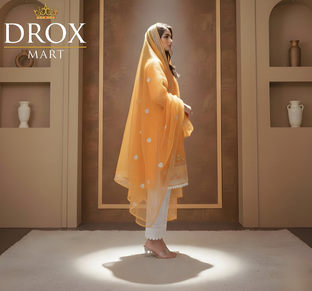 Women’s Mustard Organza Embroidered 3-Piece Suit with Lace Work