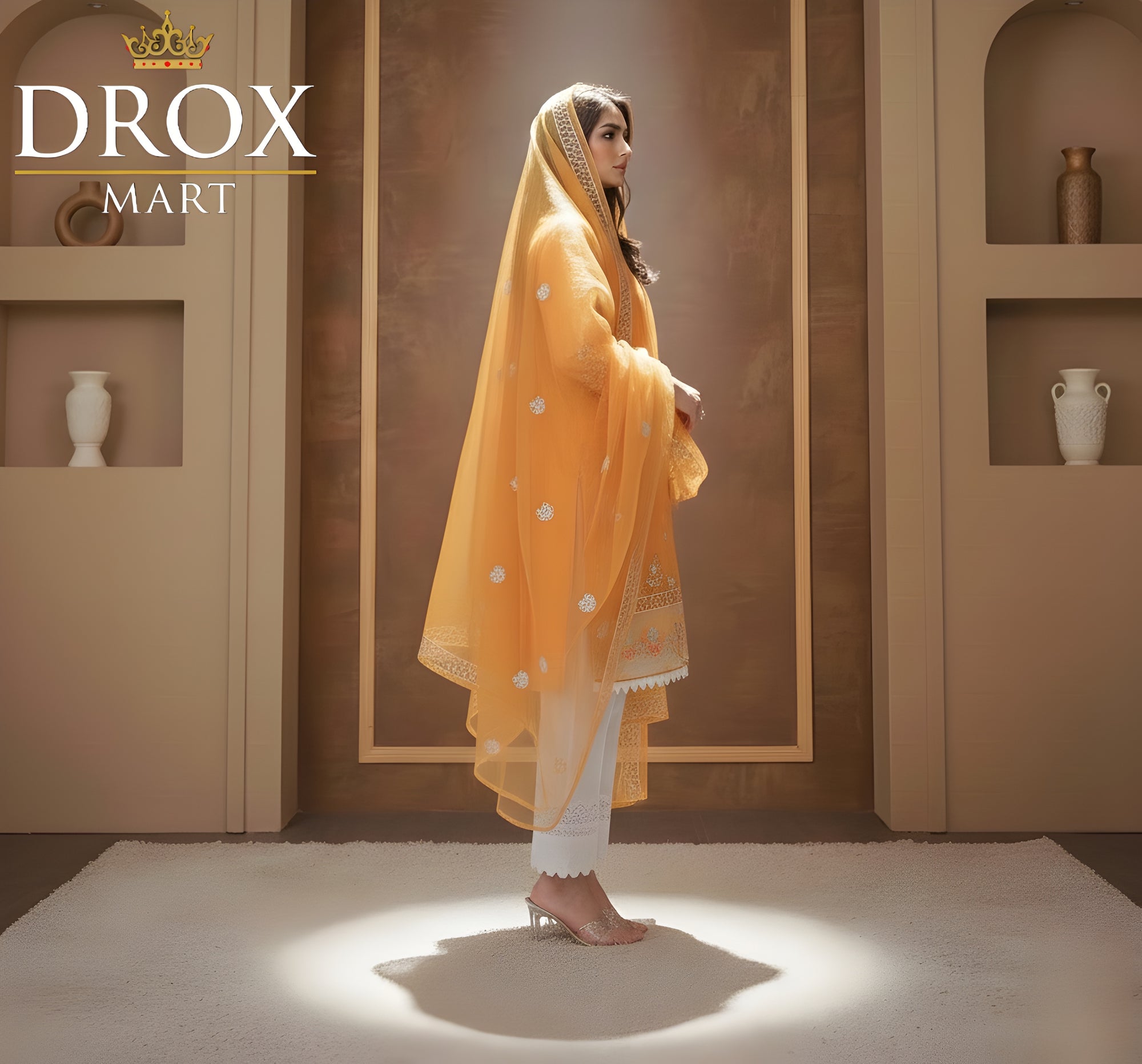 Women’s Mustard Organza Embroidered 3-Piece Suit with Lace Work