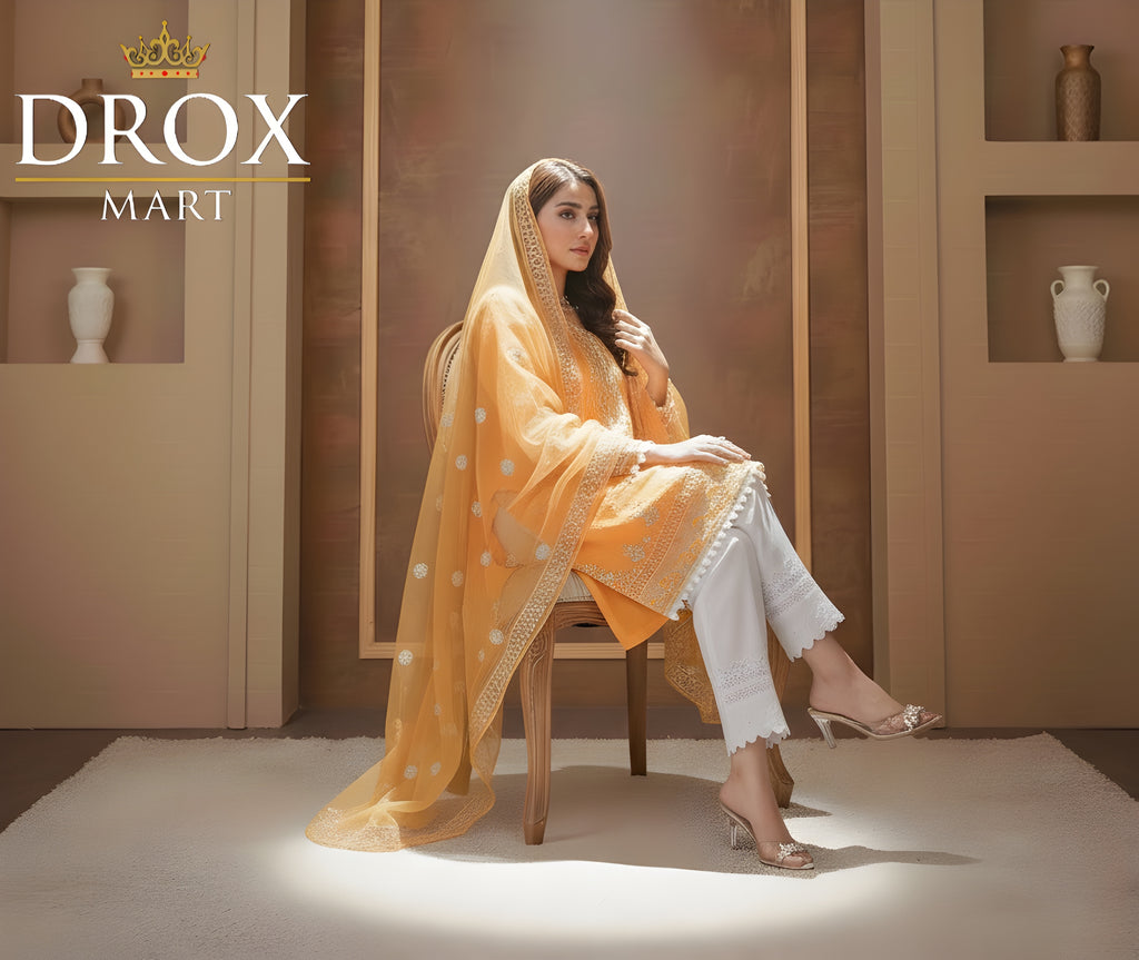 Women’s Mustard Organza Embroidered 3-Piece Suit with Lace Work