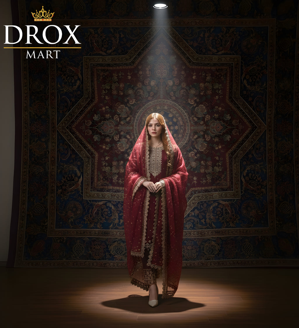 Women’s Red Organza Sequins Zari Tilla Embroidered 3-Piece Suit