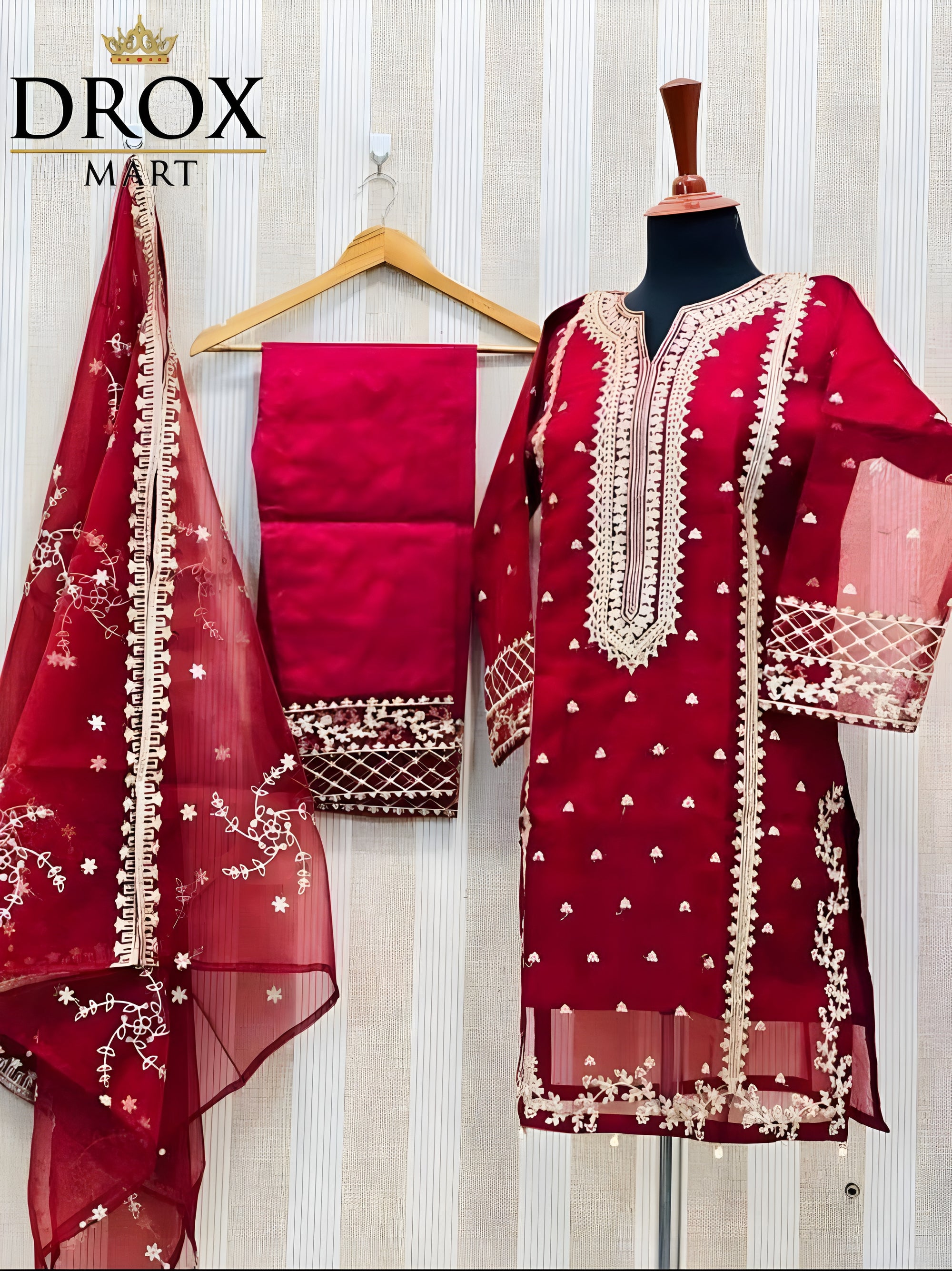 Women’s Red Organza Sequins Zari Tilla Embroidered 3-Piece Suit