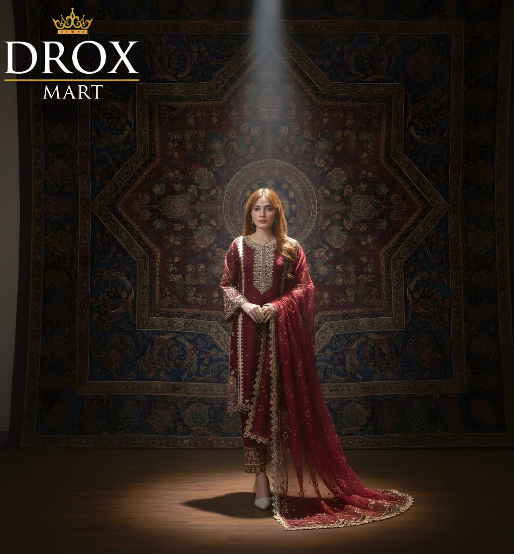 Women’s Red Organza Sequins Zari Tilla Embroidered 3-Piece Suit