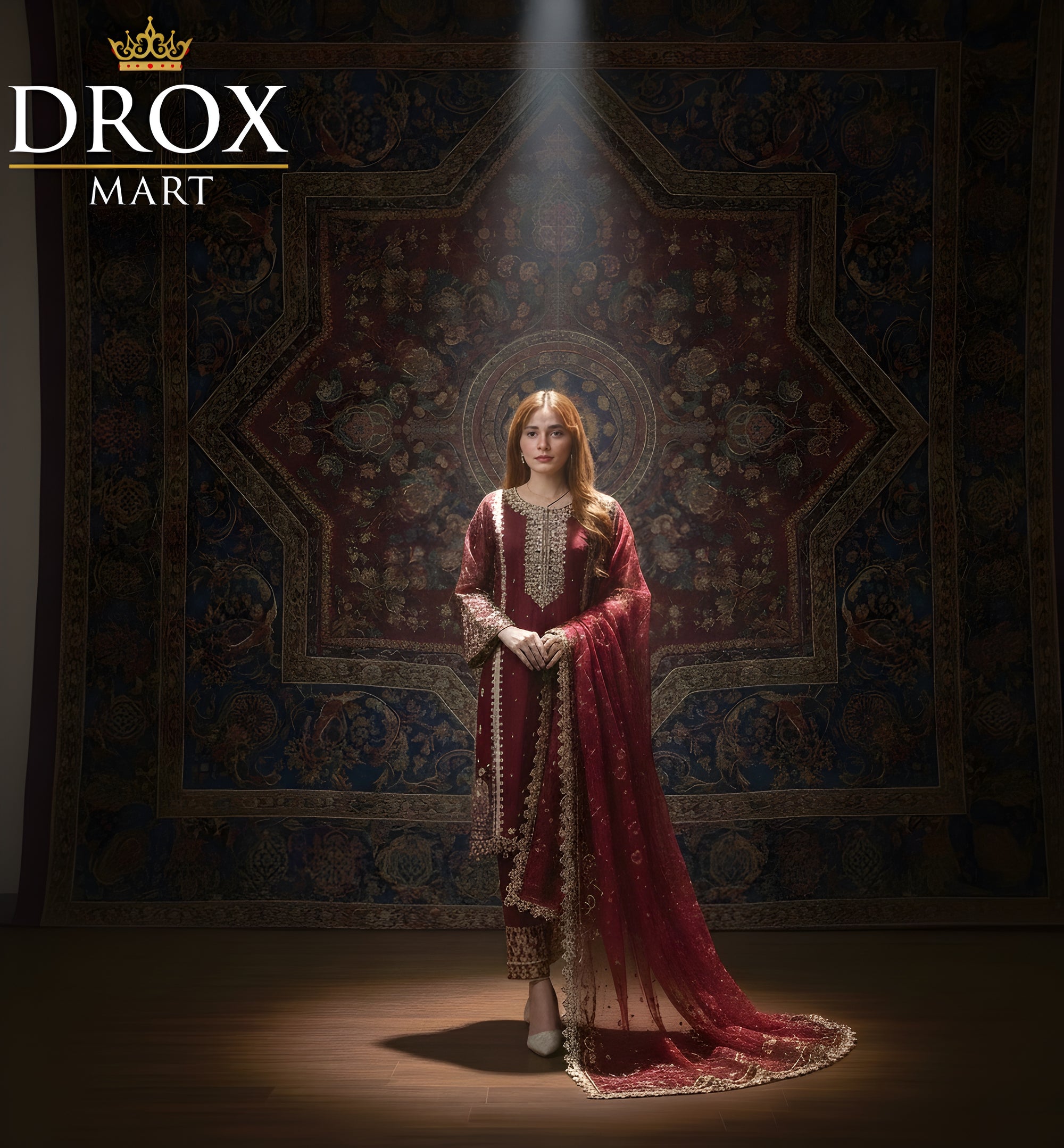 Women’s Red Organza Sequins Zari Tilla Embroidered 3-Piece Suit