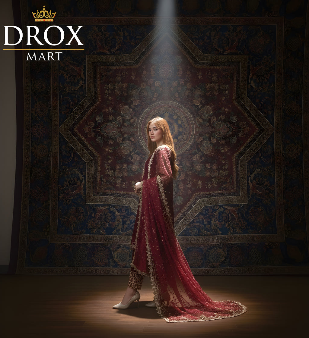 Women’s Red Organza Sequins Zari Tilla Embroidered 3-Piece Suit