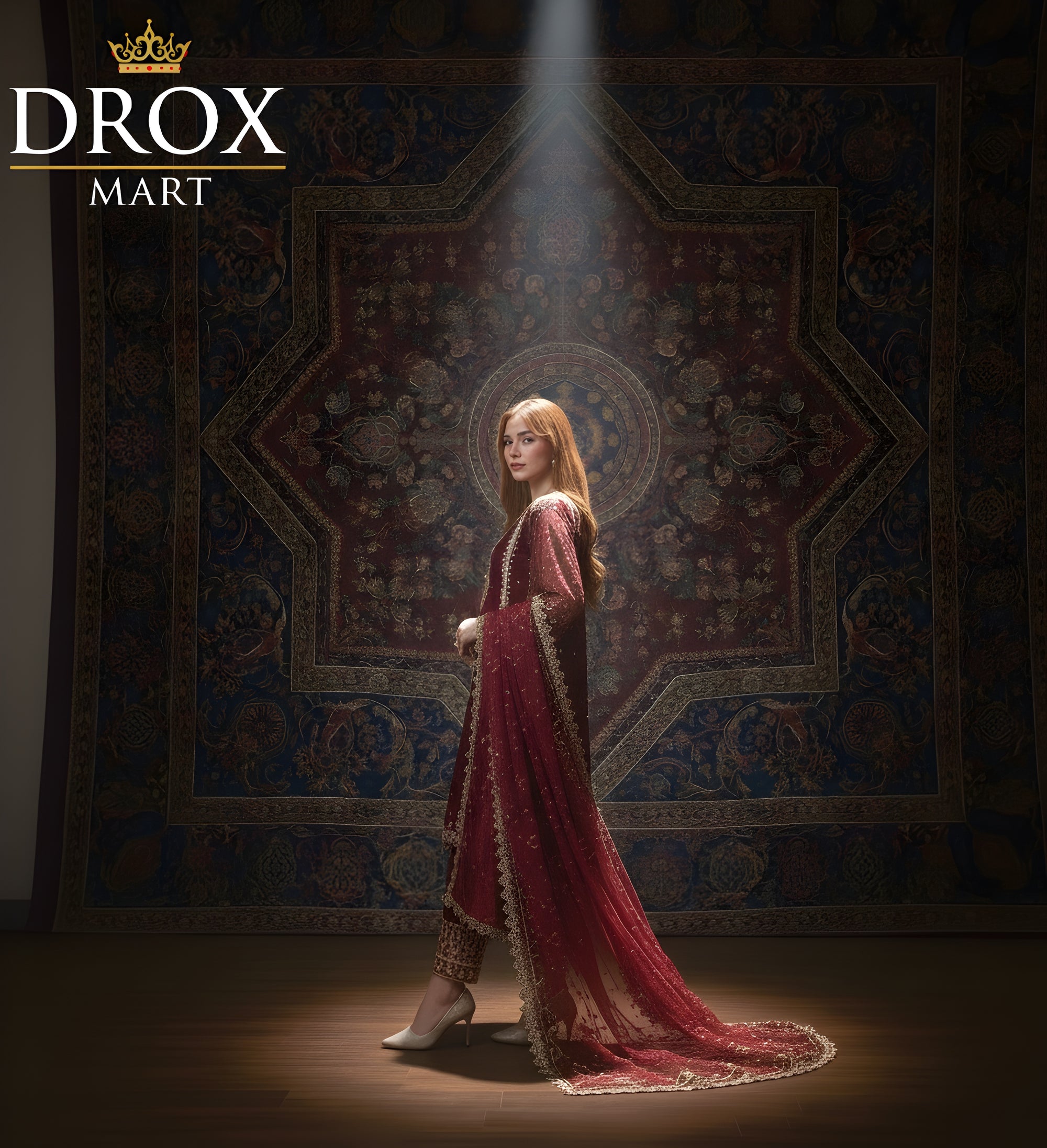 Women’s Red Organza Sequins Zari Tilla Embroidered 3-Piece Suit