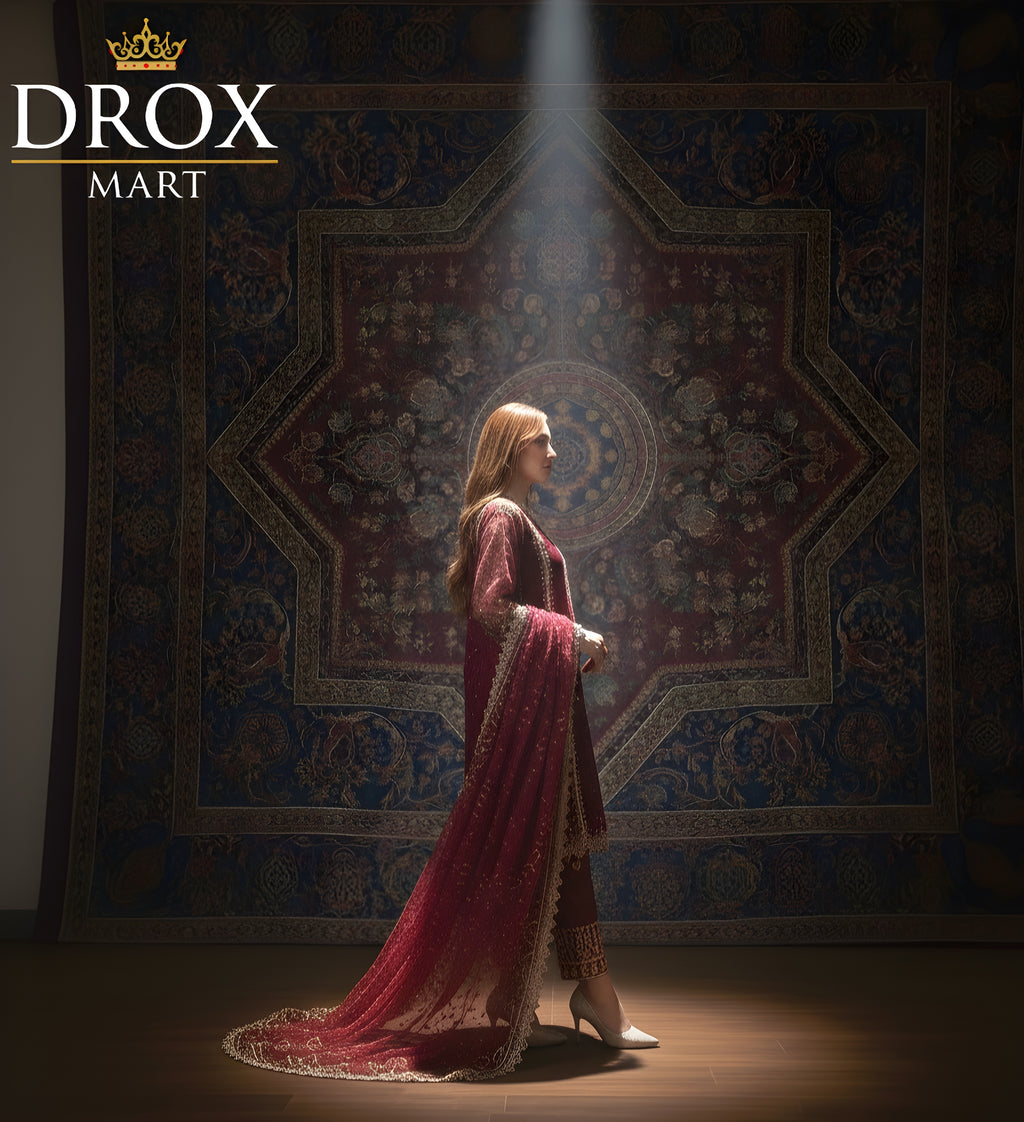 Women’s Red Organza Sequins Zari Tilla Embroidered 3-Piece Suit