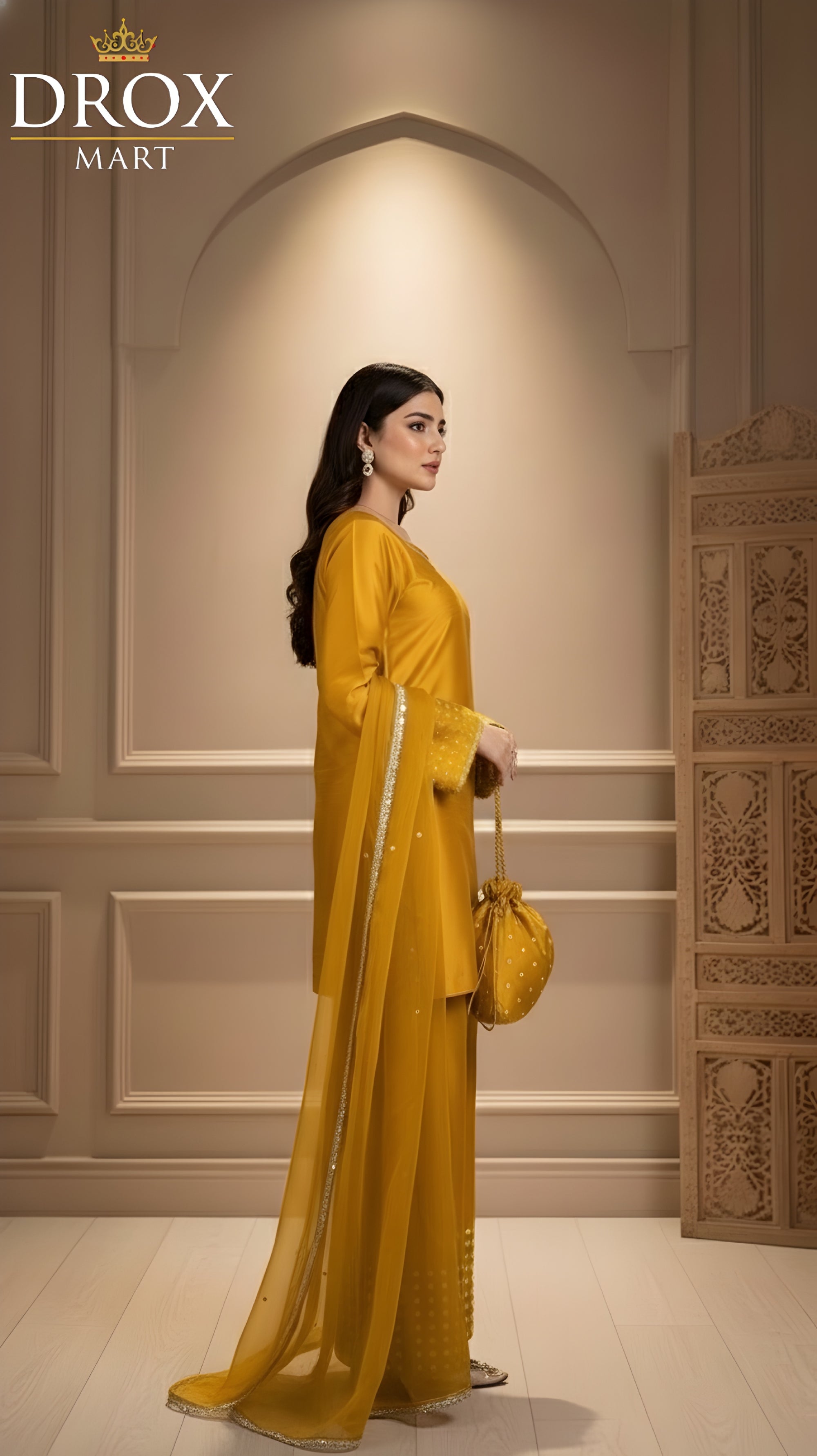 Women’s Shamoz Silk Farshi Shalwar Suit with Potli – 4 Piece Set