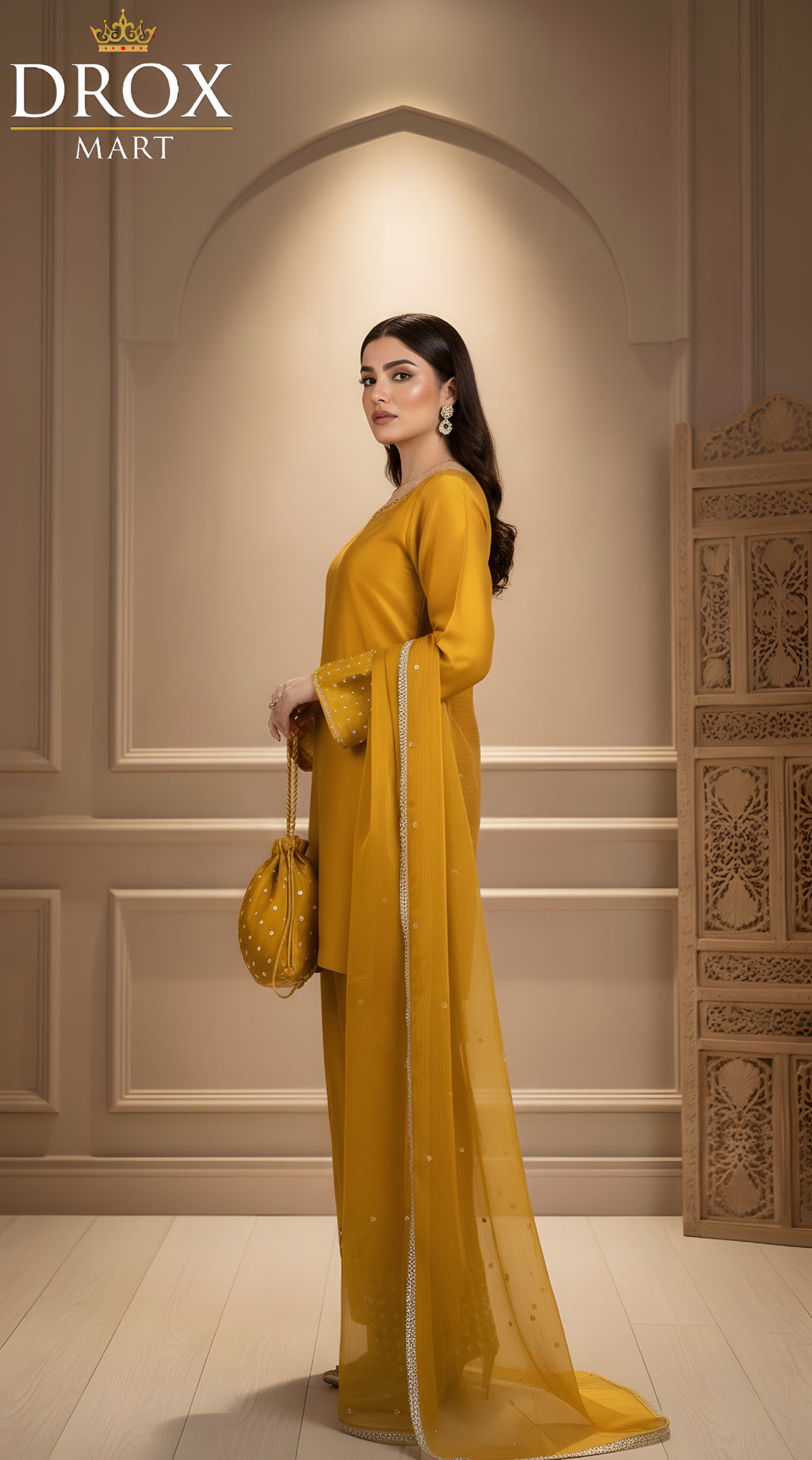 Women’s Shamoz Silk Farshi Shalwar Suit with Potli – 4 Piece Set