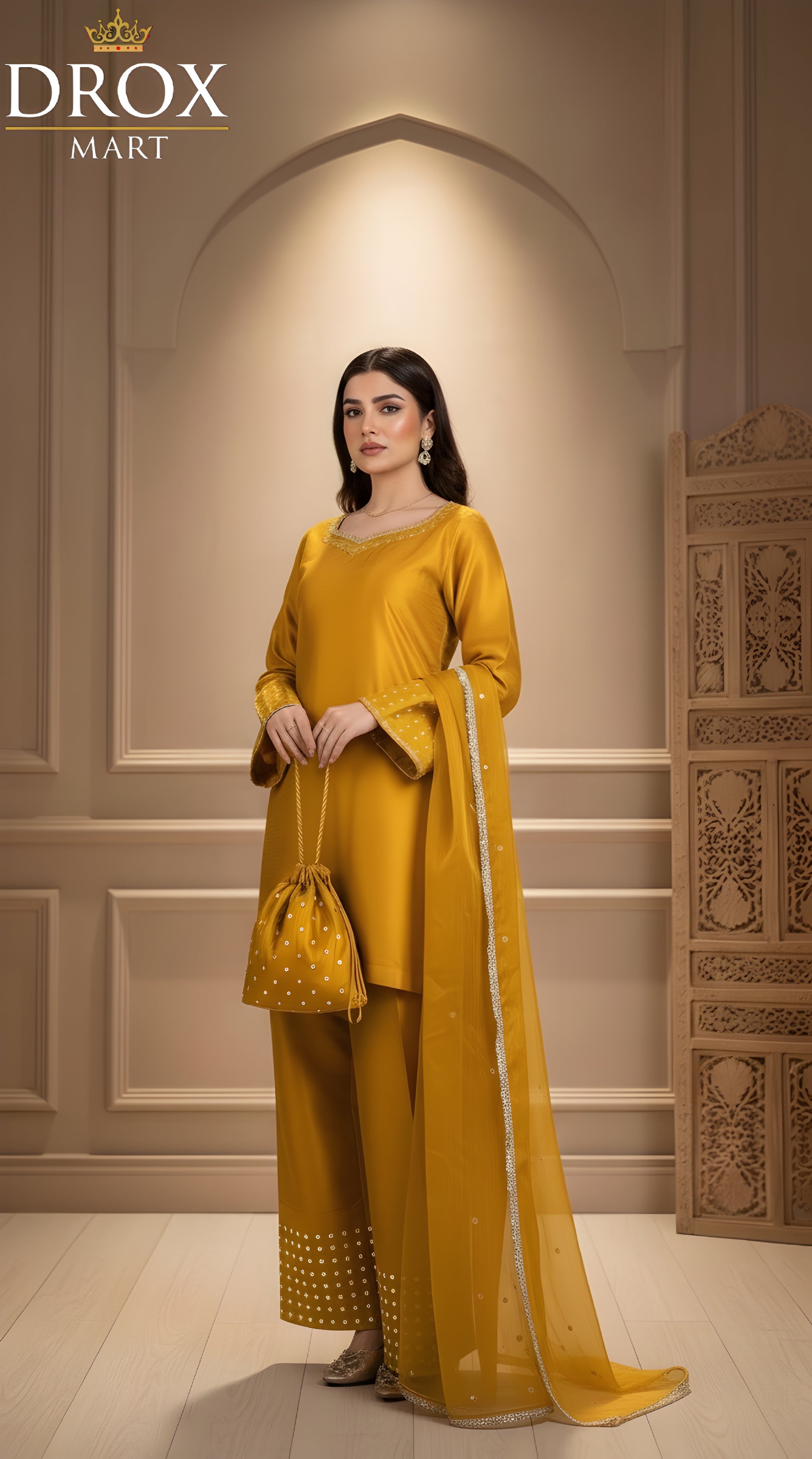 Women’s Shamoz Silk Farshi Shalwar Suit with Potli – 4 Piece Set