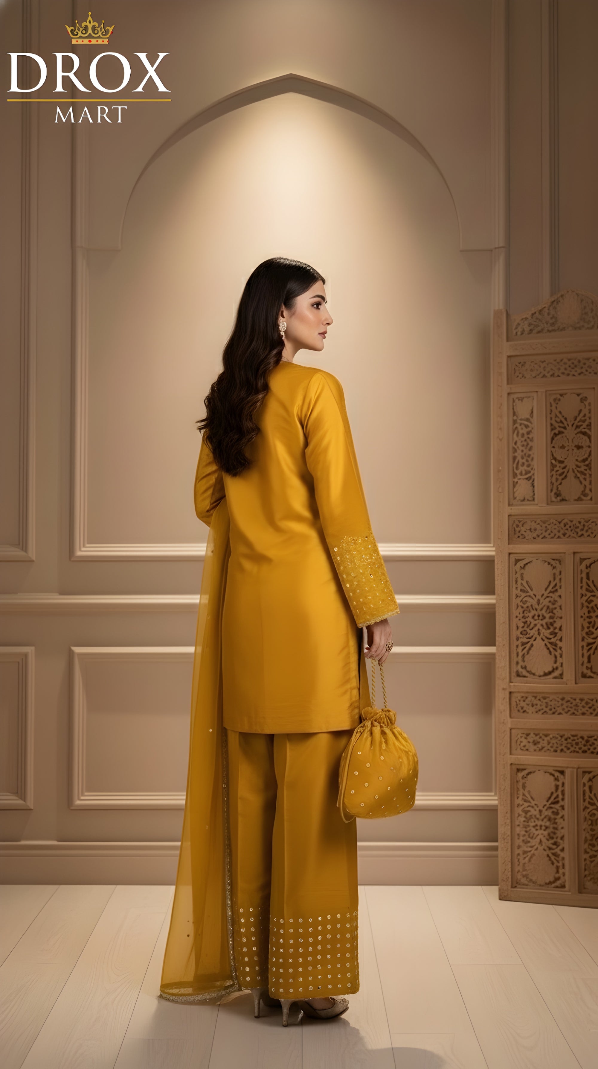 Women’s Shamoz Silk Farshi Shalwar Suit with Potli – 4 Piece Set