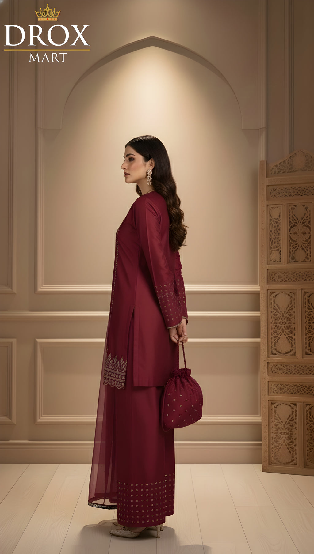 Women’s Shamoz Silk Farshi Shalwar Suit with Potli – 4 Piece Set