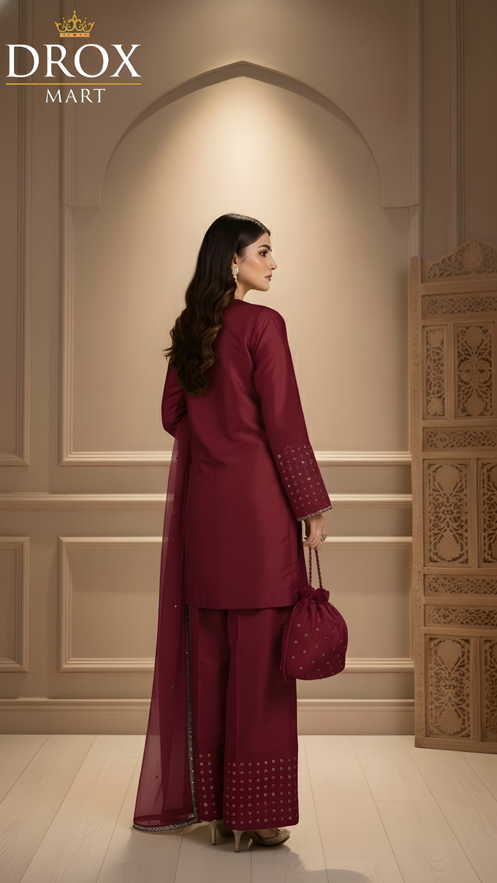 Women’s Shamoz Silk Farshi Shalwar Suit with Potli – 4 Piece Set